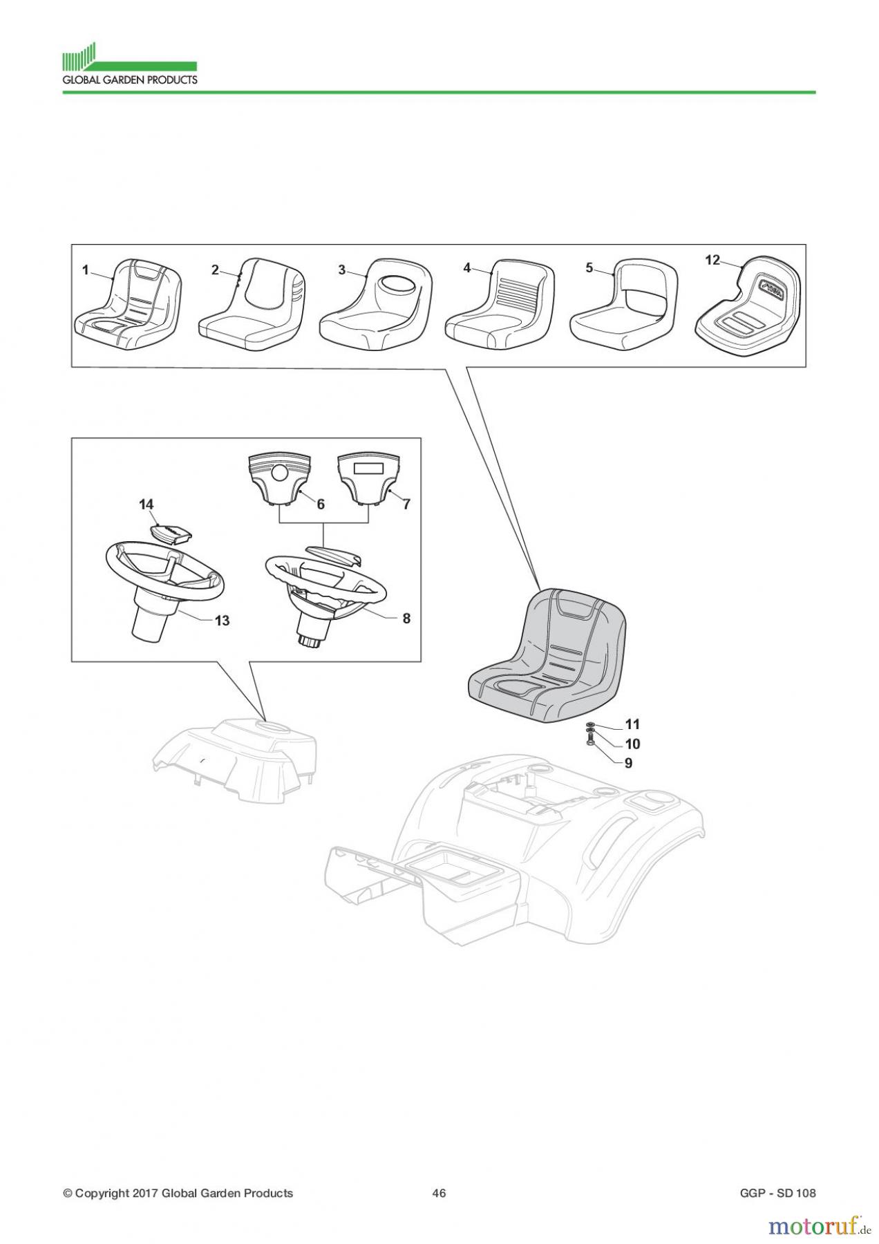  Global Garden Products GGP Aufsitzmäher Seitenauswurf 98-108cm 2017 SD 108 Seat & Steering Wheel