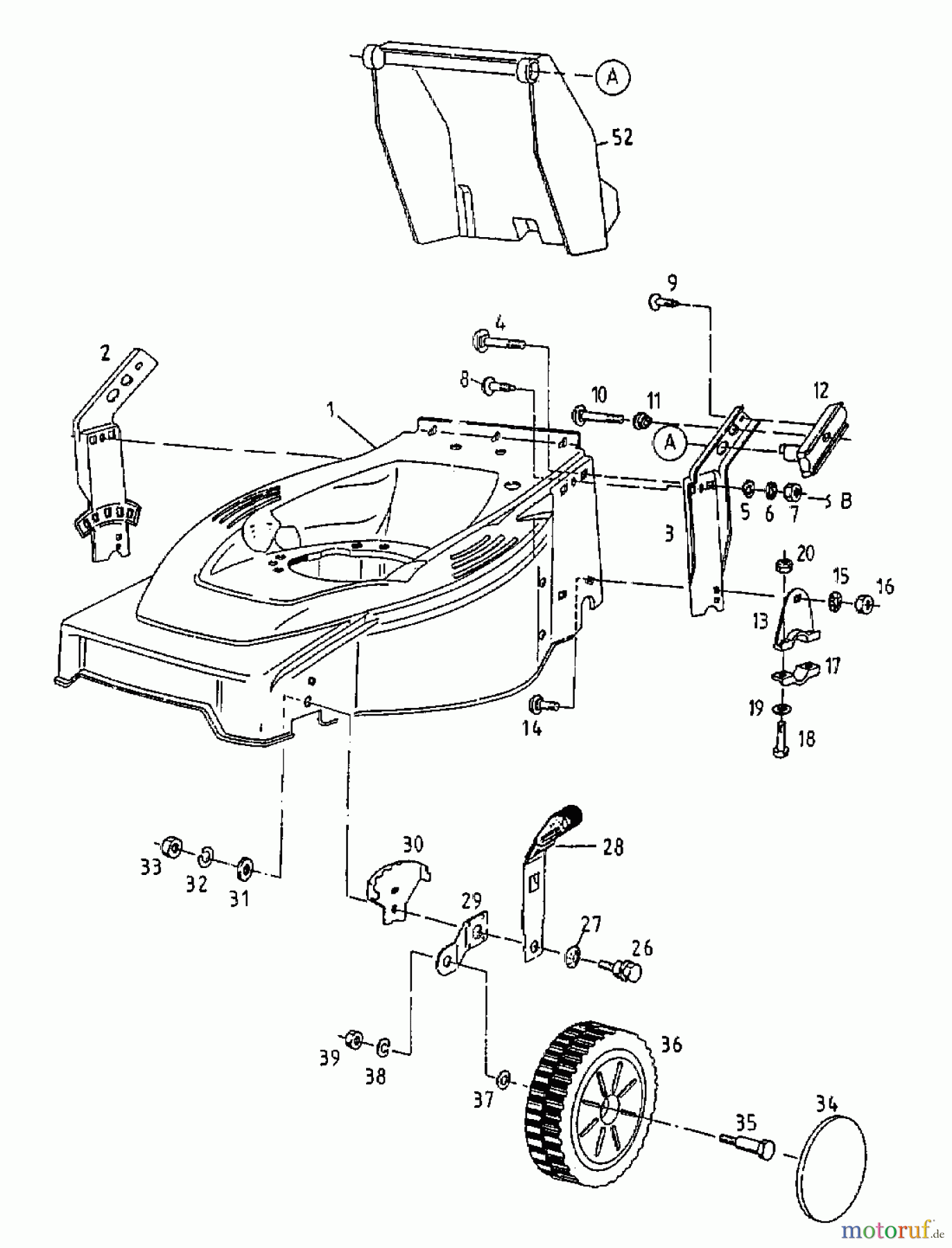  Floraself Tondeuse thermique tractée 4046 BLRE 12AET12Y668  (1998) Réglage hauteur, Roues avant