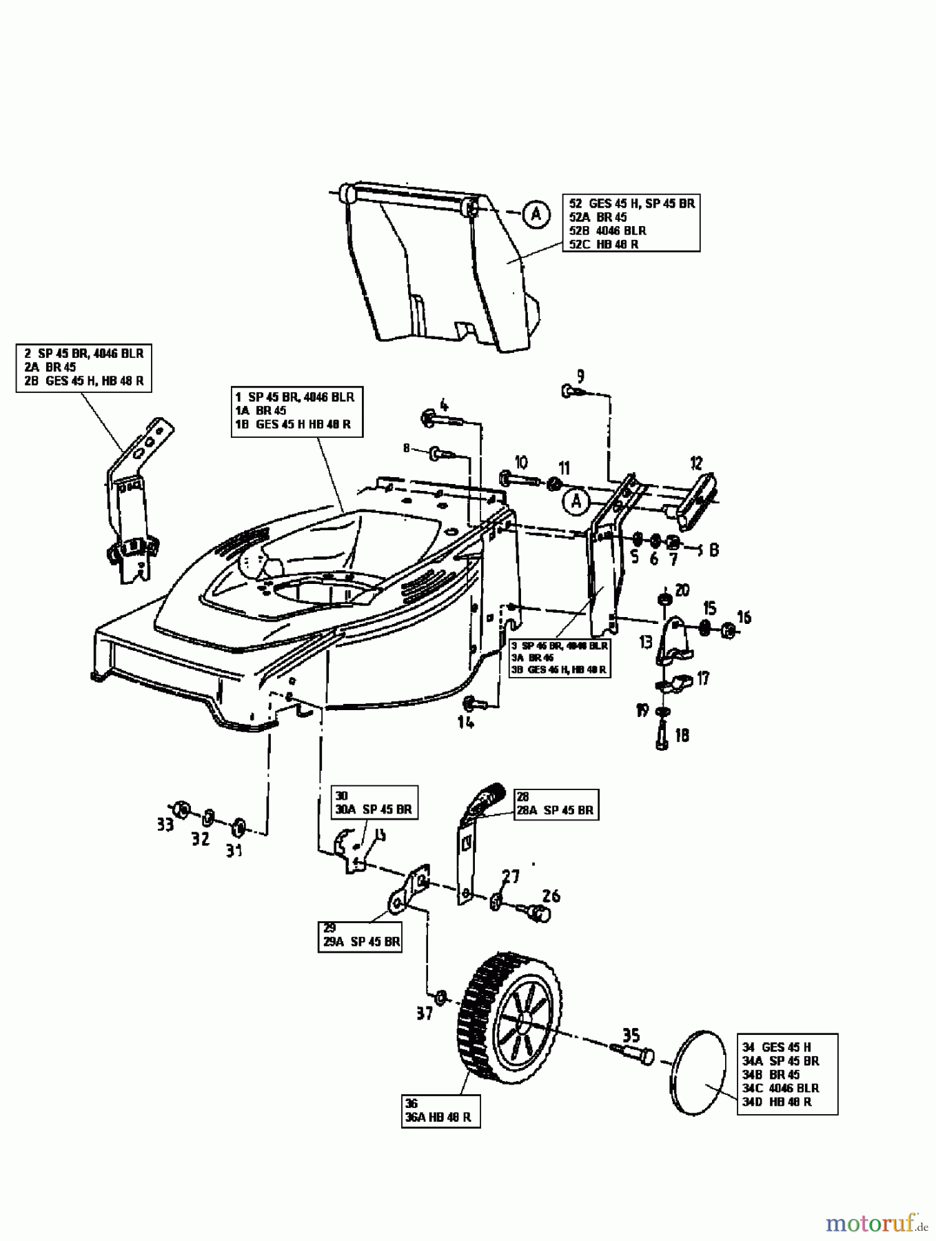  MTD Tondeuse thermique tractée GES 45 H 12A-T09Y678  (1999) Réglage hauteur, Roues