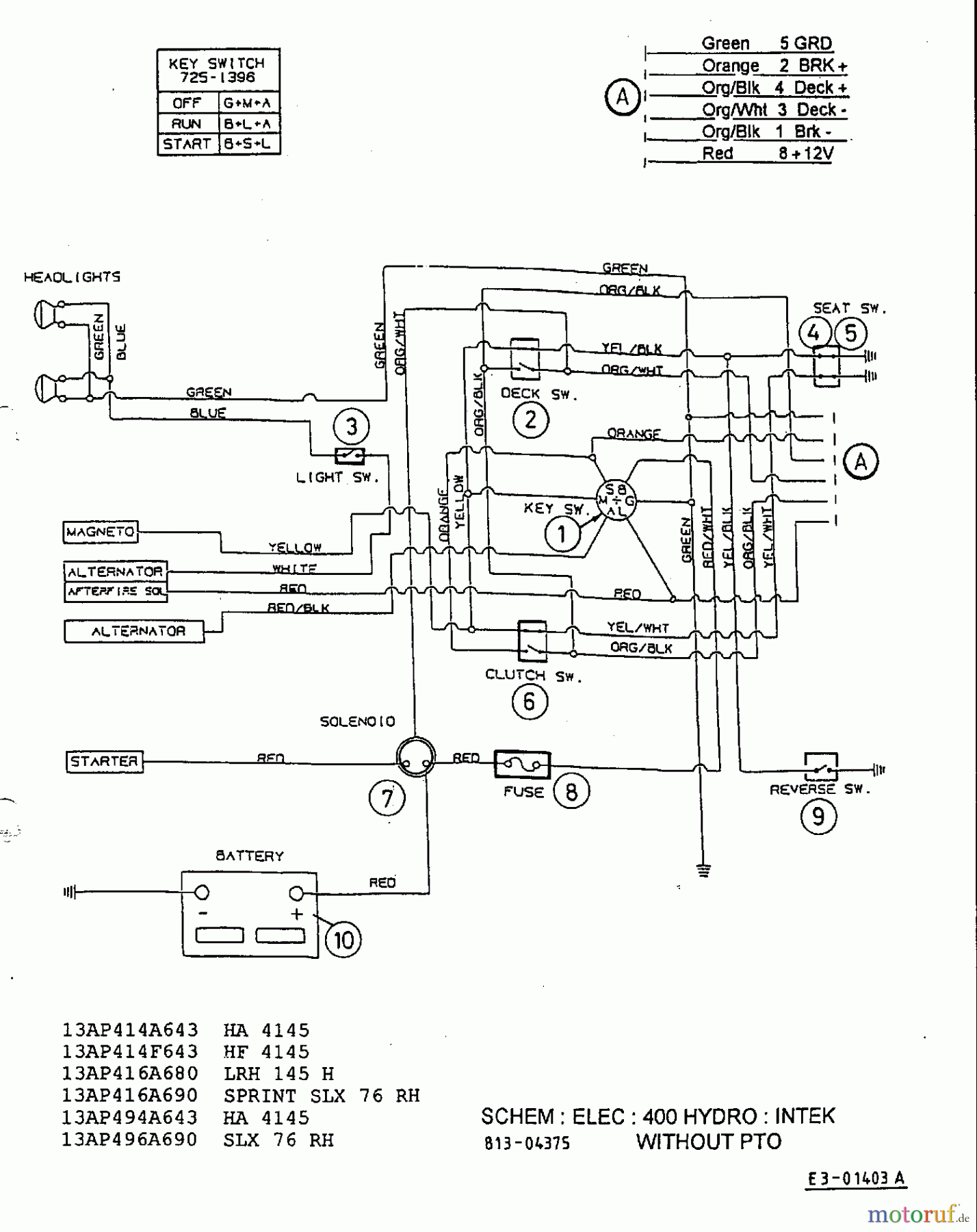  MTD Tracteurs de pelouse H 145 13AP418F678  (2003) Plan électrique Intek sans embrayage électromagnétique