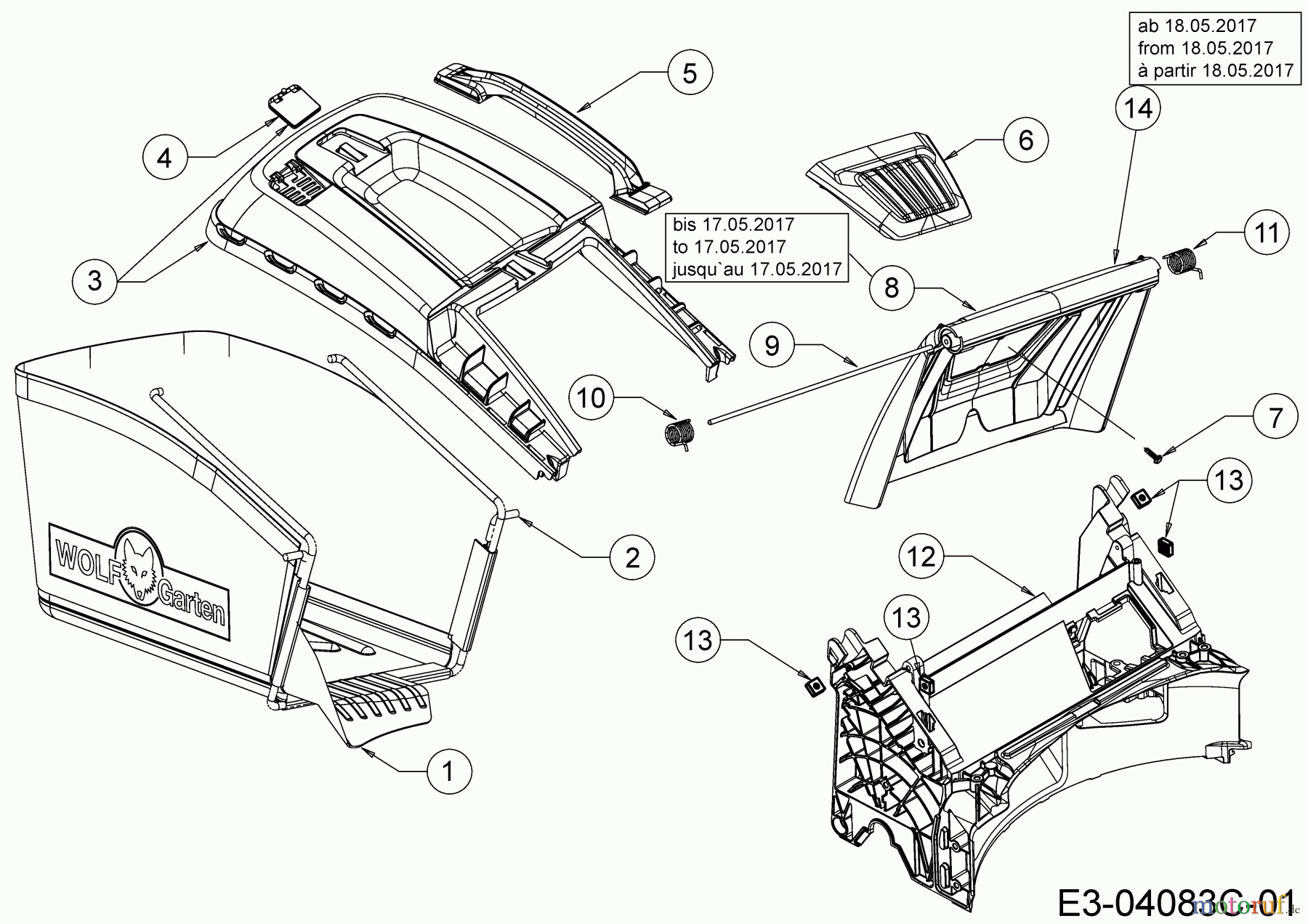  WOLF-Garten Expert Tondeuse thermique tractée Expert 53 BA V HW 12ABPV5L650  (2018) Sac de réception de l'herbe, Clapet arrière, Pièce de guidage arrière