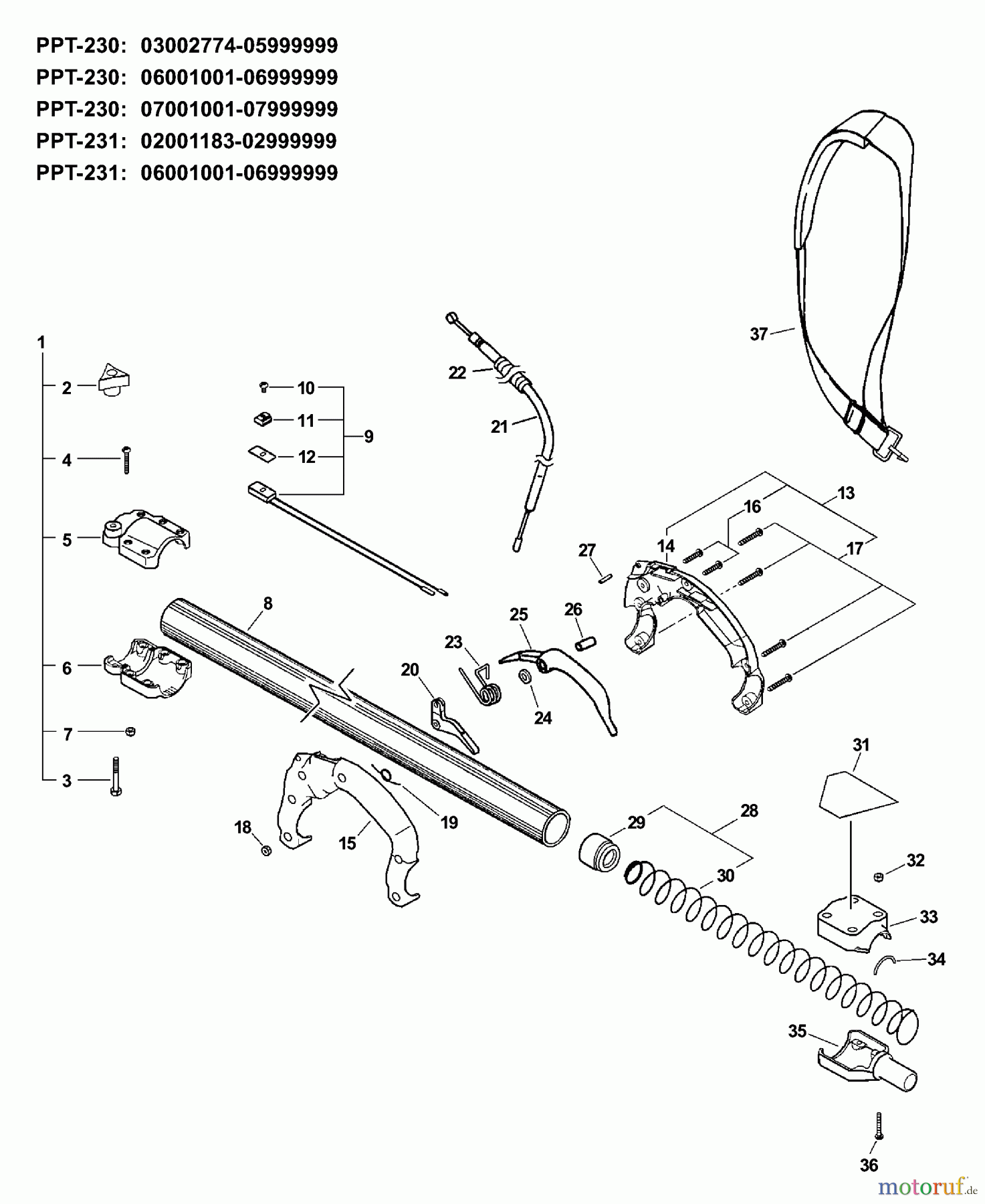  Echo Hochentaster PPT-230 - Echo Pole Saw / Pruner, S/N: 03001001 - 03999999 Main Pipe, Throttle Cable, Stop Switch  S/N: 03002774-05999999