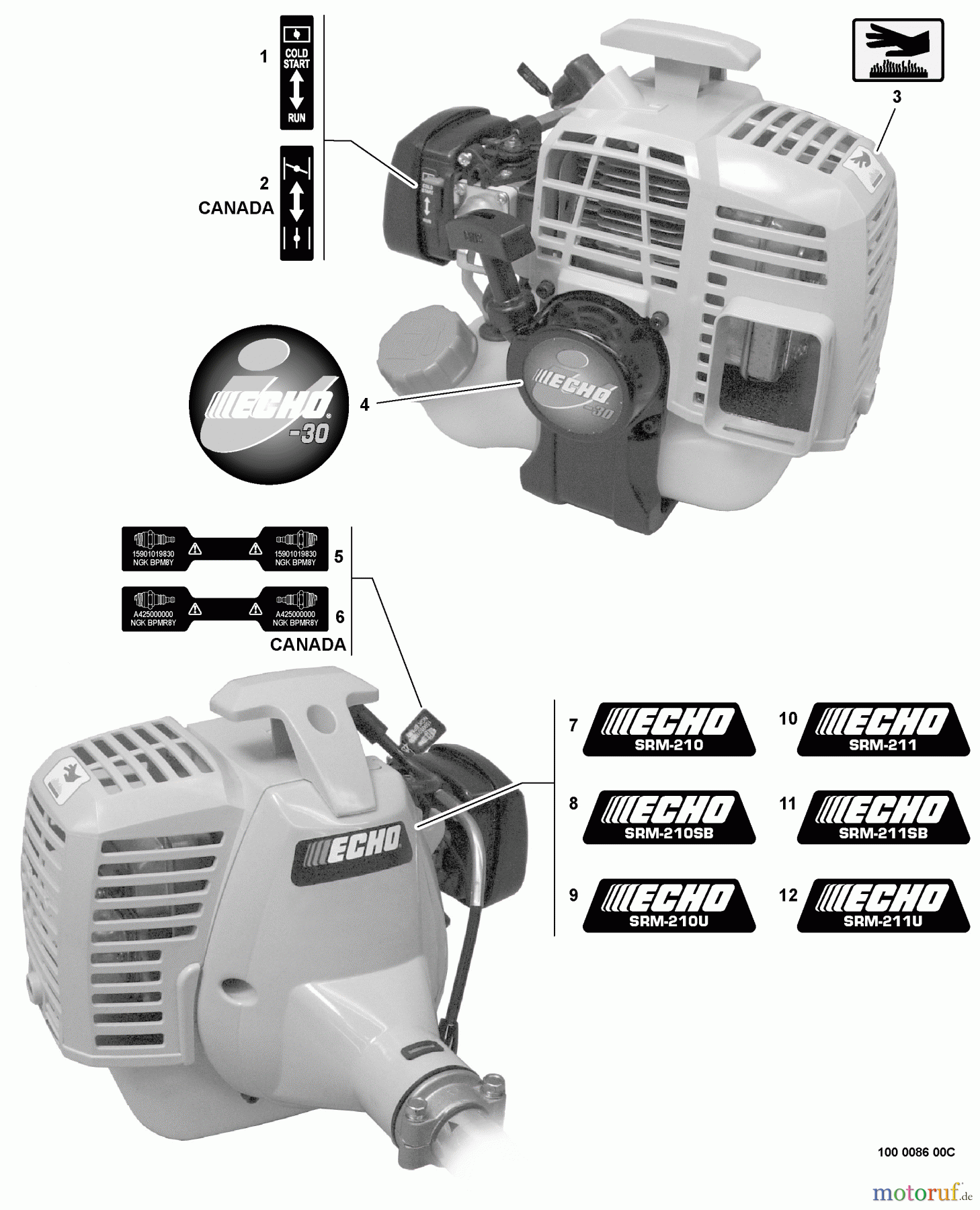  Echo Trimmer, Faden / Bürste SRM-210 - Echo String Trimmer, S/N:10001001 - 10999999 Labels