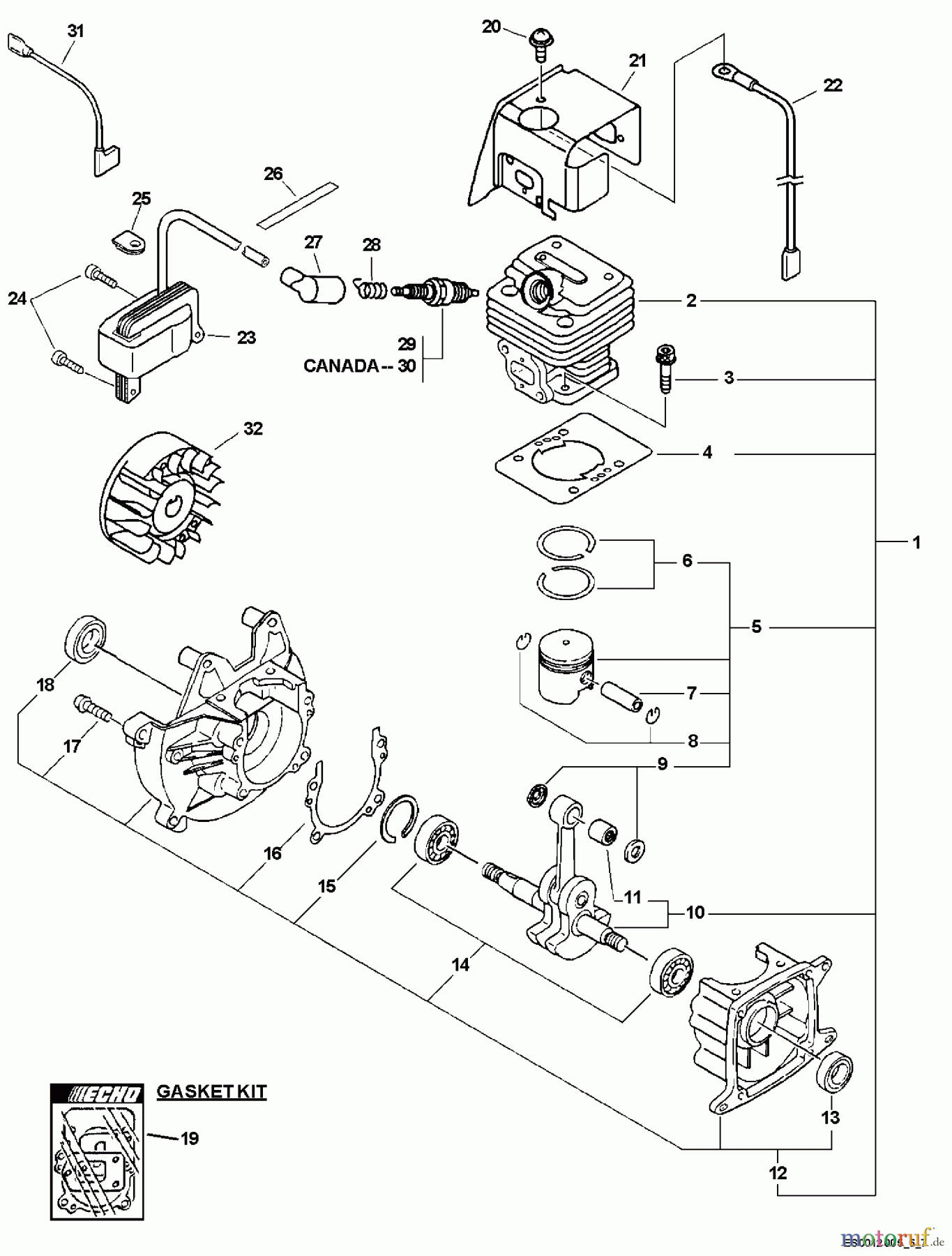  Echo Bläser / Sauger / Häcksler / Mulchgeräte	 ES-231 - Echo Shredder/Vacuum, S/N: 06001001 - 06999999 Engine, Short Block, Cylinder Cover