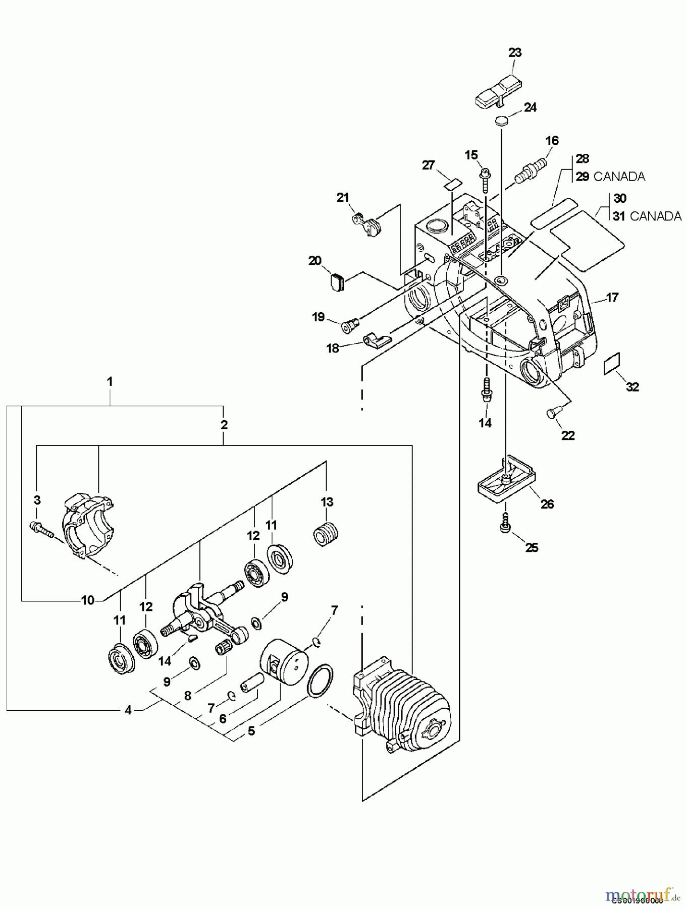  Echo Sägen, Kettensägen CS-301 - Echo Chainsaw, S/N: 04001001 - 04999999 Engine, Short Block, Engine Cover