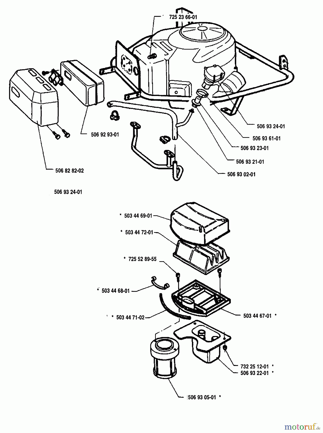  Husqvarna Reitermäher, Motor hinten Rider 1200 - Husqvarna Rear-Engine Rider (1995-03 to 1996-07) Engine Cover And Air Filter/Carburetor