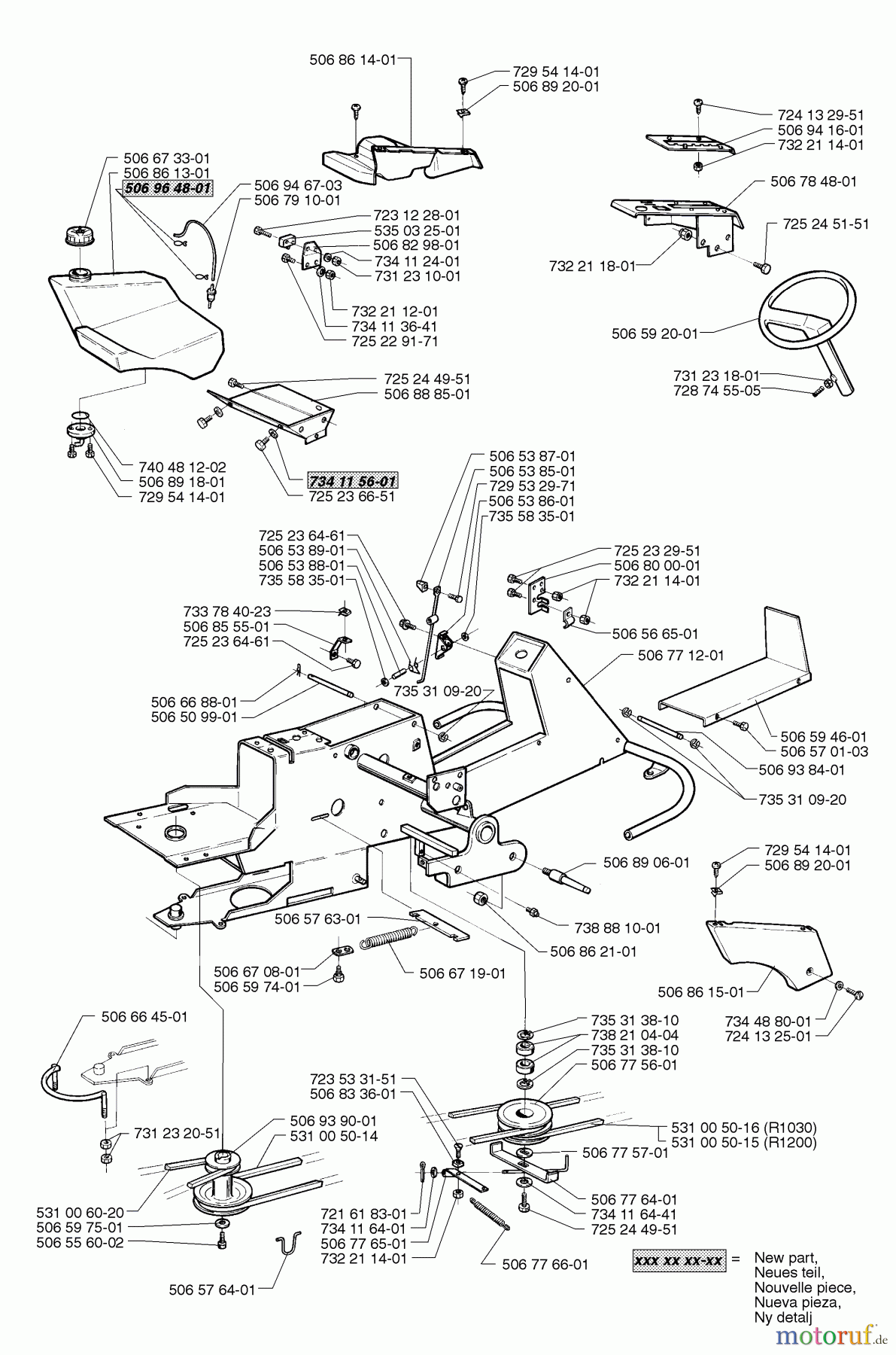  Husqvarna Reitermäher, Motor hinten Rider 1200 - Husqvarna Rear-Engine Rider (1998-01 & After) Frame Assembly