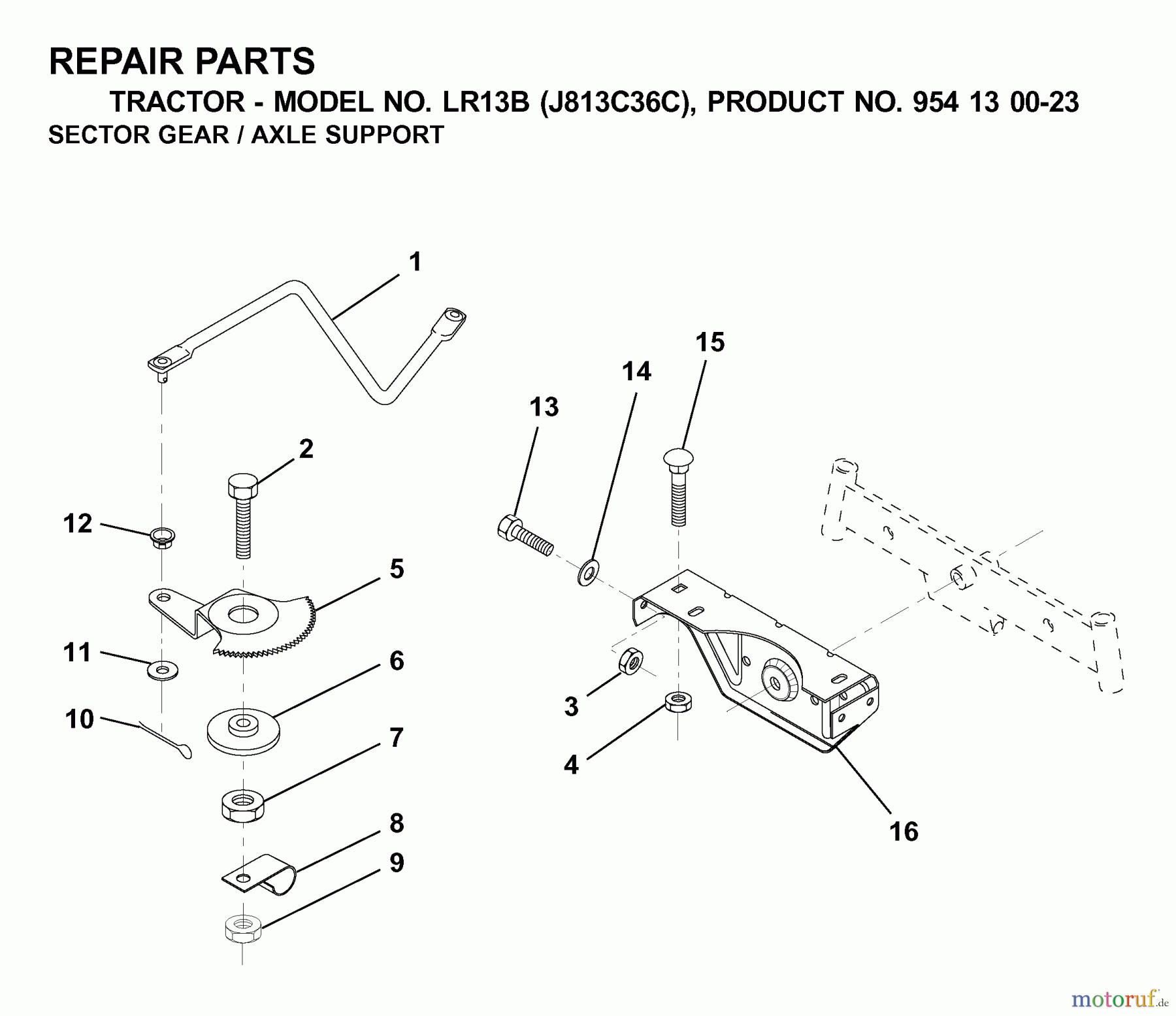  Jonsered Rasen  und Garten Traktoren LR13B (J813C36C, 954130023) - Jonsered Lawn & Garden Tractor (2000-03) SECTOR GEAR / AXLE SUPPORT