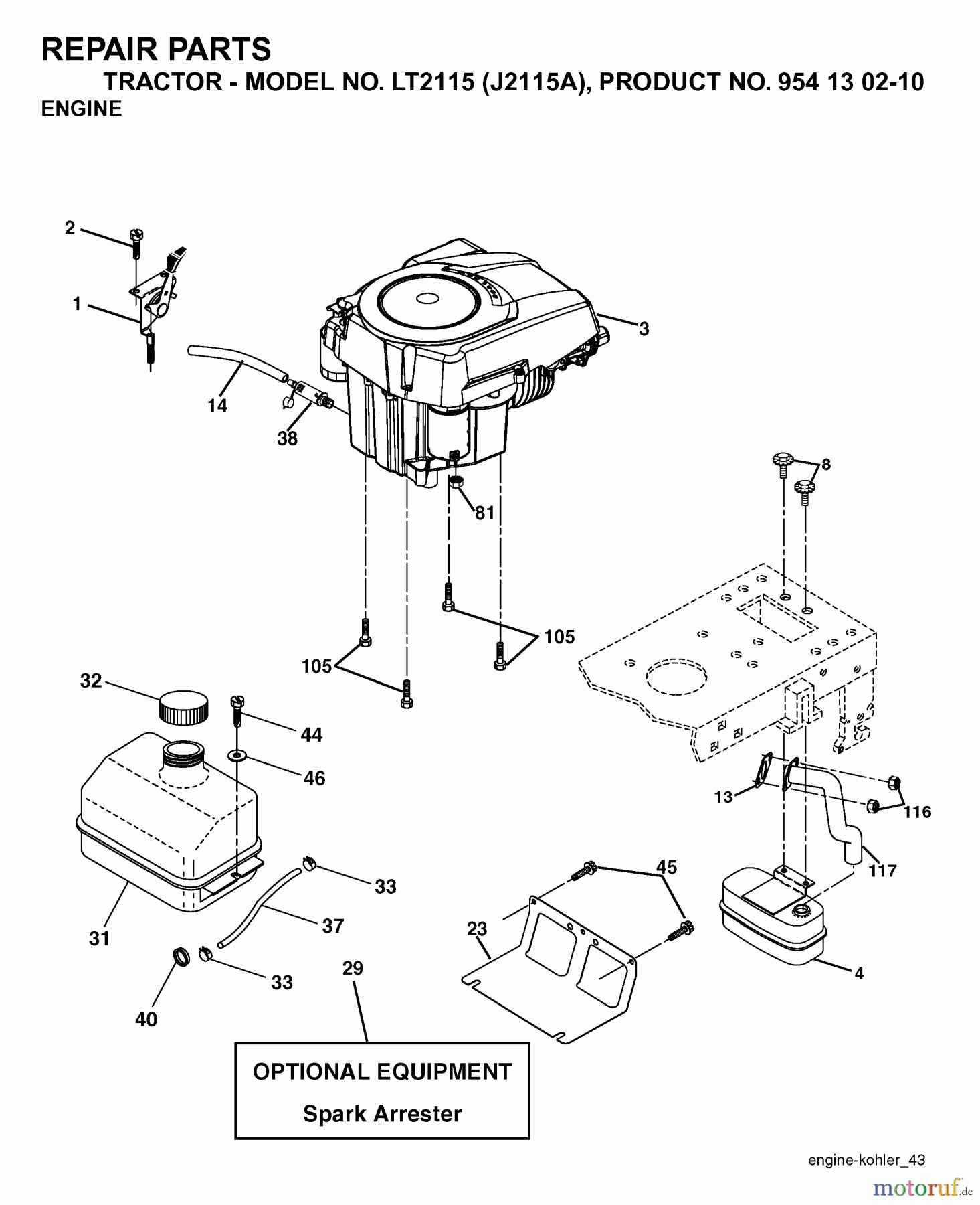  Jonsered Rasen  und Garten Traktoren LT2115 (J2115A, 954130210) - Jonsered Lawn & Garden Tractor (2004-01) ENGINE CUTTING EQUIPMENT