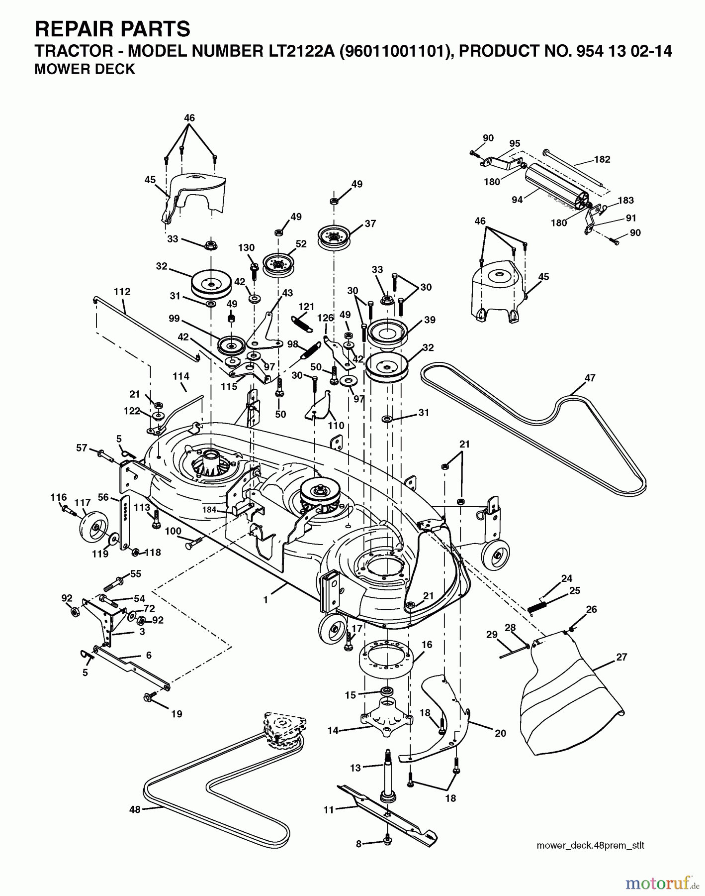  Jonsered Rasen  und Garten Traktoren LT2122 A (96011001101) - Jonsered Lawn & Garden Tractor (2005-05) MOWER DECK / CUTTING DECK