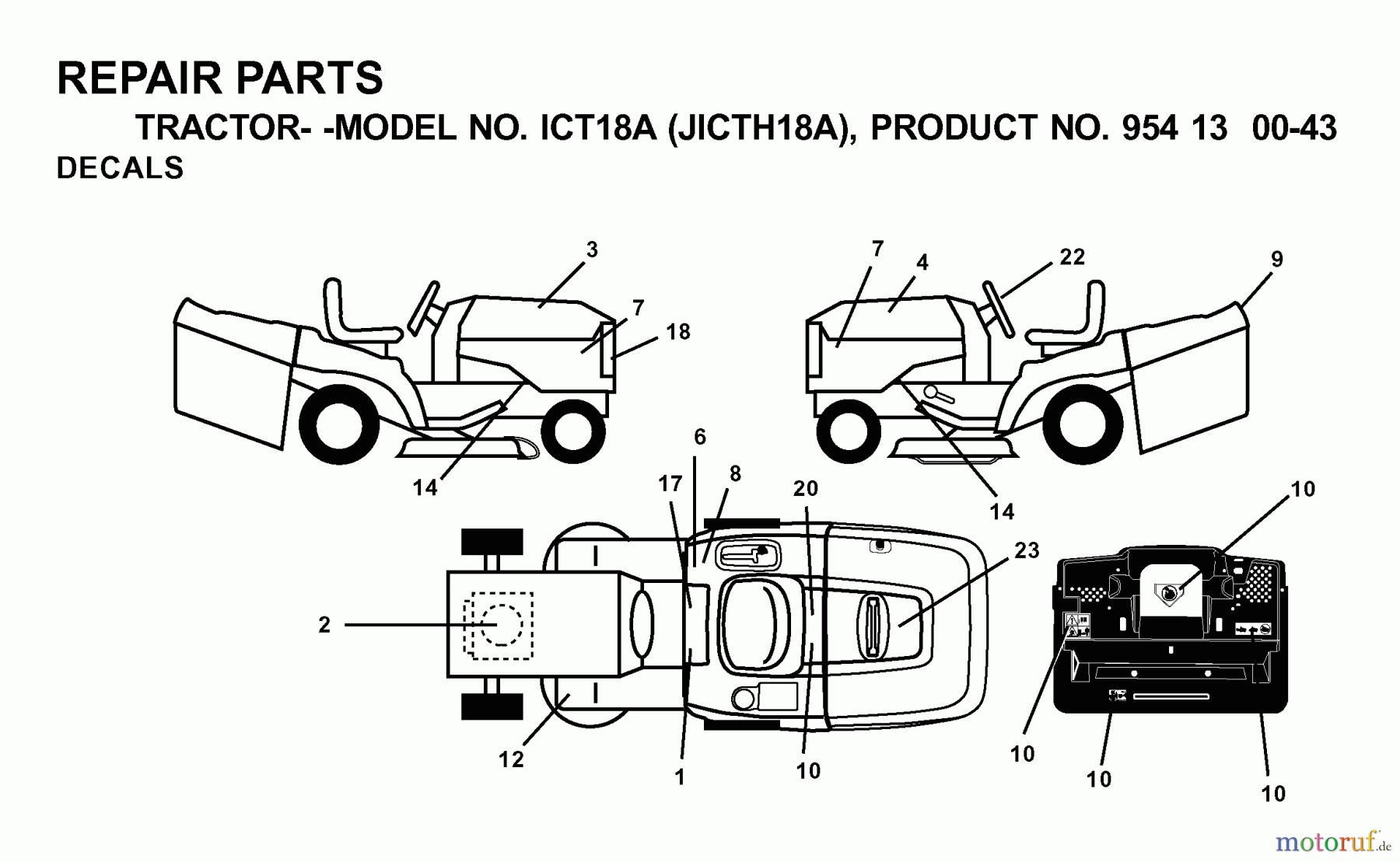  Jonsered Rasen  und Garten Traktoren ICT18A (JICTH18A, 954130043) - Jonsered Lawn & Garden Tractor (2000-03) DECALS