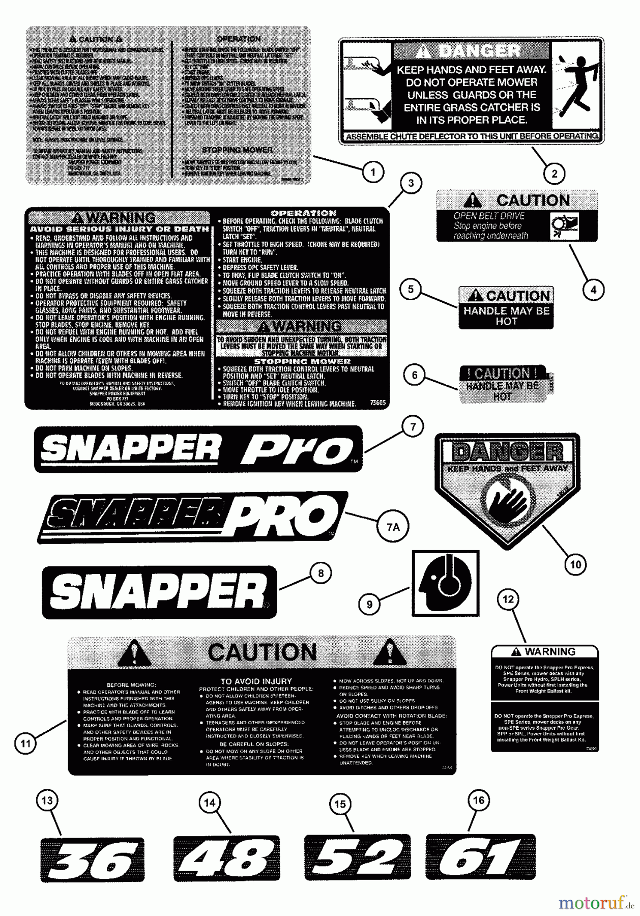  Snapper Rasenmäher für Großflächen SPLH152KW (84912) - Snapper Wide-Area Walk-Behind Mower, 15 HP, Hydro Drive, Loop Handle, Series 2 DECALS - Instructions, Caution, Warning, Danger