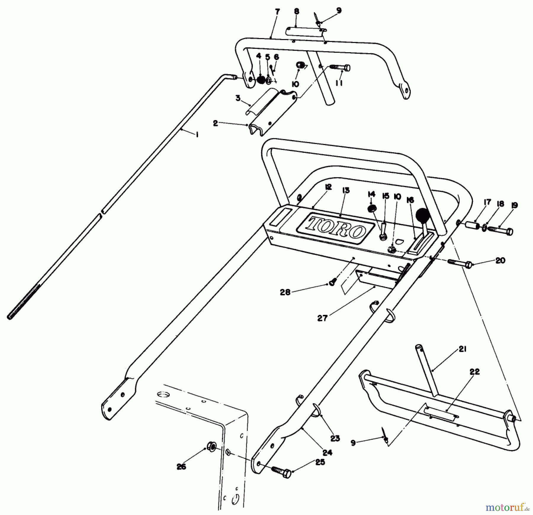  Toro Neu Mowers, Drive Unit Only 30111 - Toro Mid-Size Proline Gear Traction Unit, 11 hp, 1986 (6000001-6999999) HANDLE ASSEMBLY