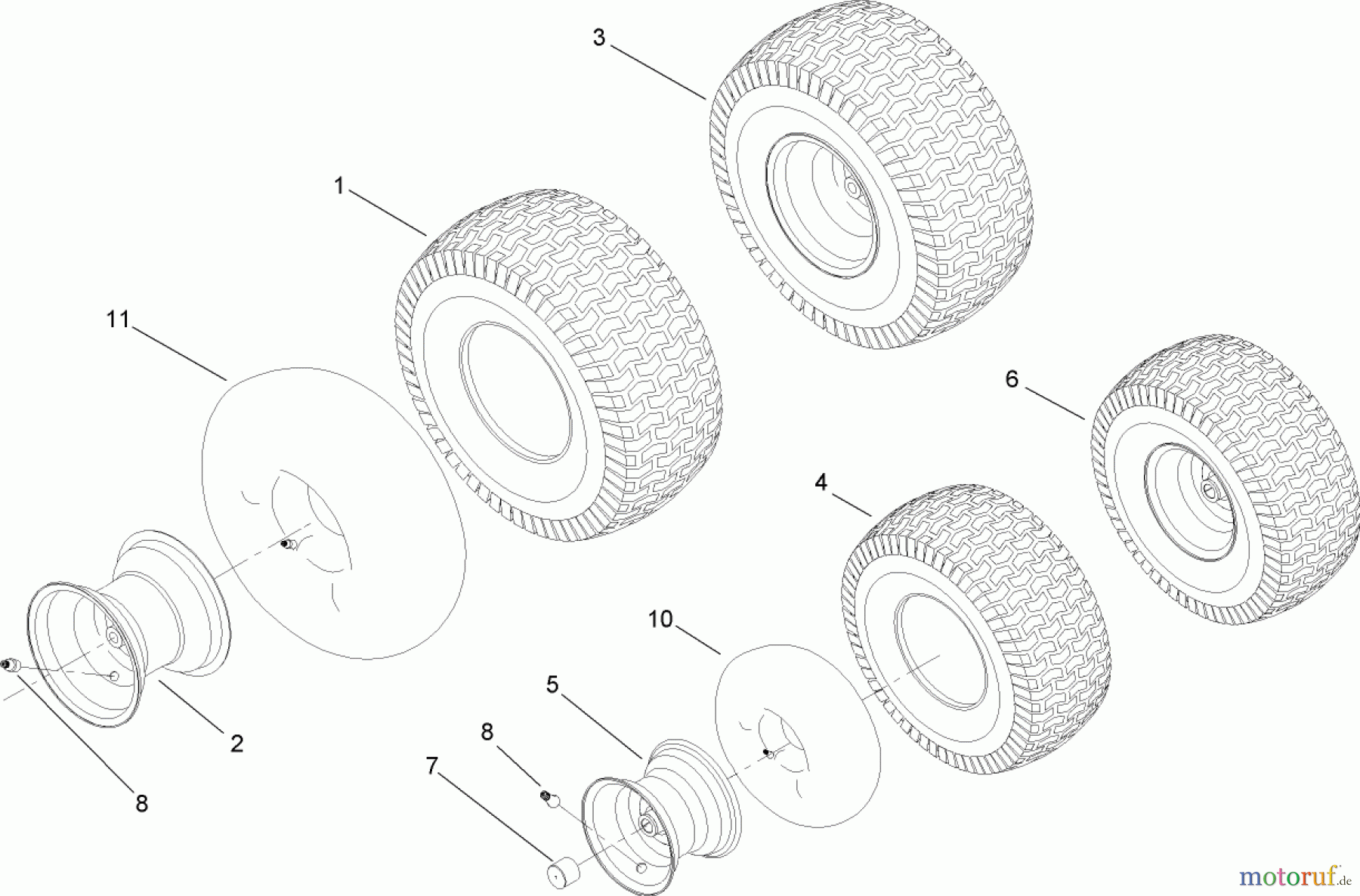  Toro Neu Mowers, Lawn & Garden Tractor Seite 1 13BX60RG748 (LX425) - Toro LX425 Lawn Tractor, 2007 (1A087H10172-1E087H10250) FRONT AND REAR WHEEL ASSEMBLY