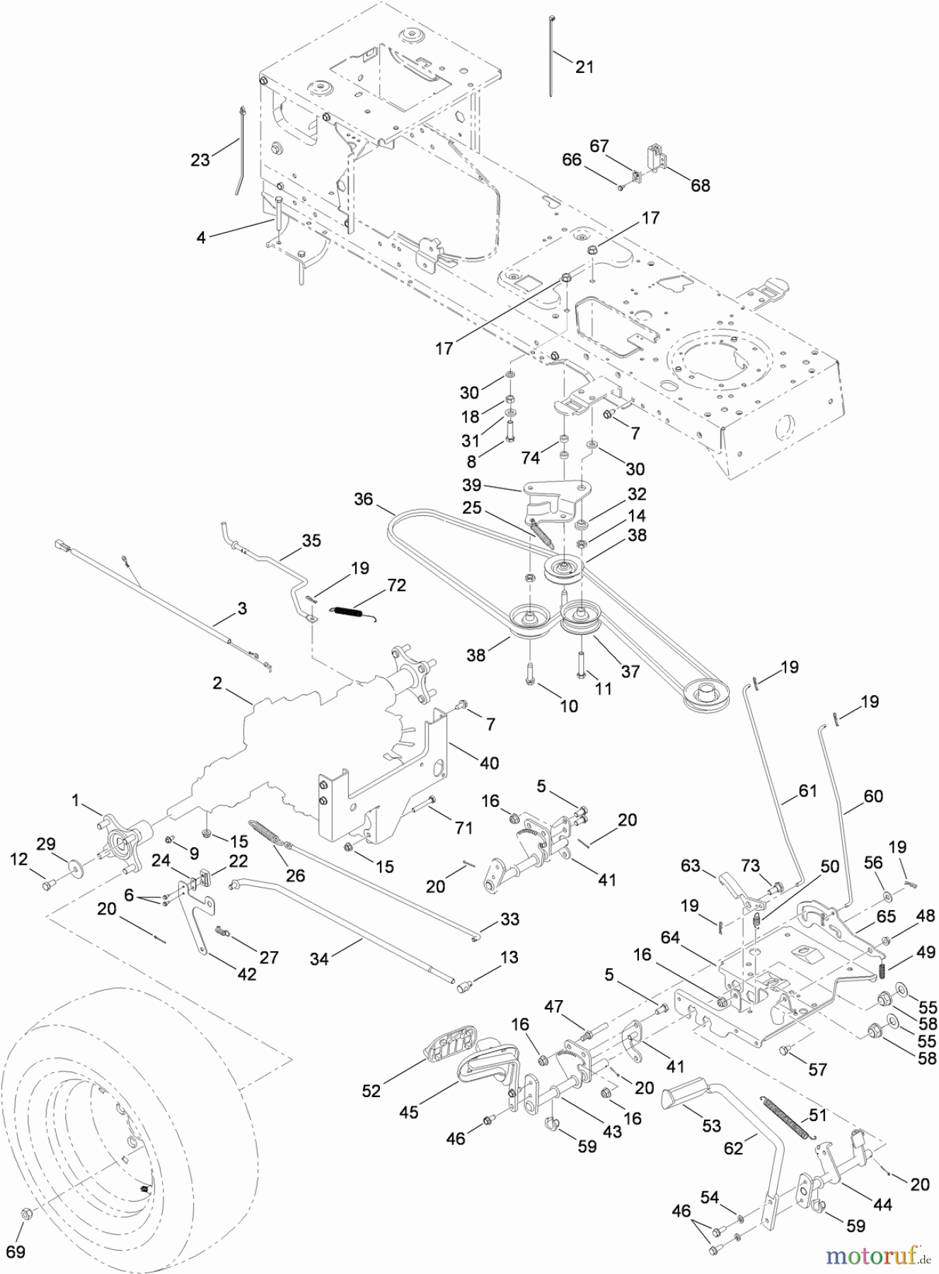  Toro Neu Mowers, Lawn & Garden Tractor Seite 1 14AQ81RP848 (GT2200) - Toro GT2200 Garden Tractor, 2009 (1-1) TRANSMISSION, BELT AND CONTROL PEDAL ASSEMBLY