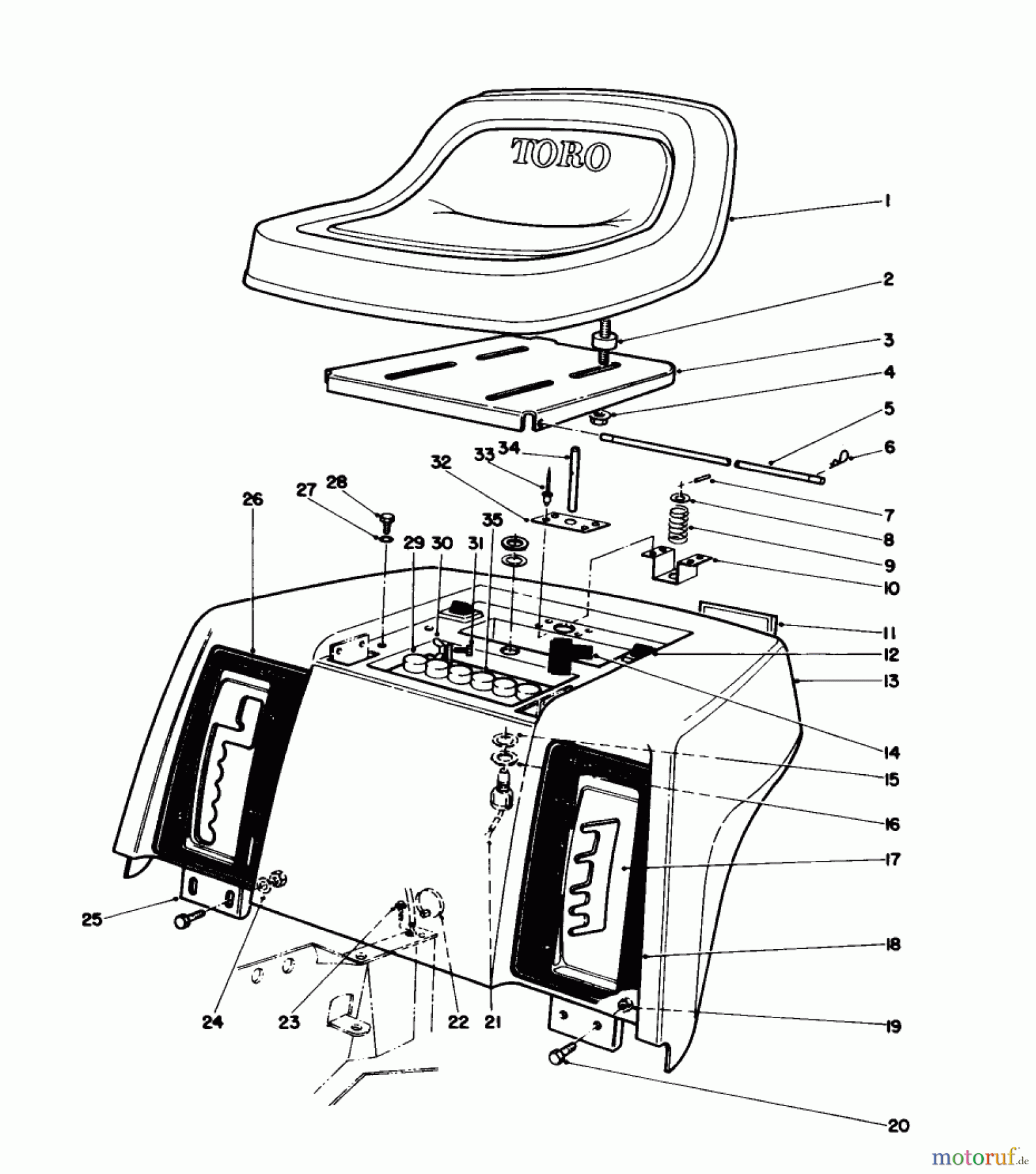  Toro Neu Mowers, Lawn & Garden Tractor Seite 1 57420 (12-44) - Toro 12 hp Electric Start Lawn Tractor, 1988 (8000001-8999999) REAR BODY & SEAT ASSEMBLY