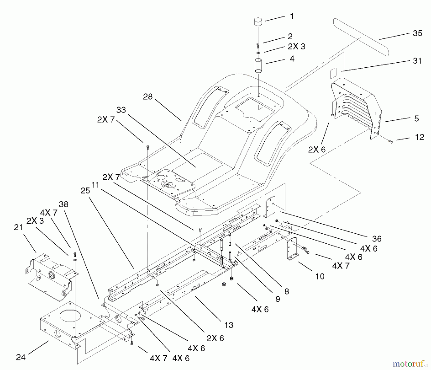  Toro Neu Mowers, Lawn & Garden Tractor Seite 1 71233 (17-44HXL) - Toro 17-44HXL Indy Special Edition Lawn Tractor, 2002 (220000001-220999999) FRAME AND BODY ASSEMBLY