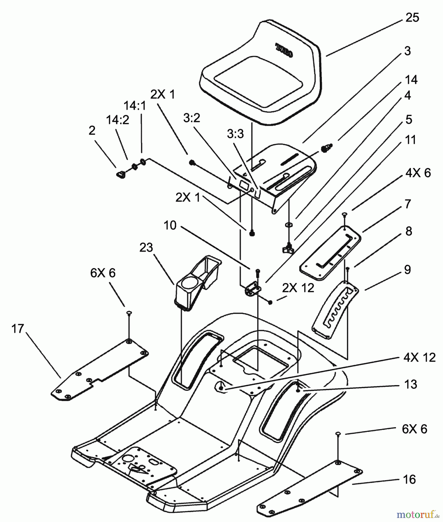  Toro Neu Mowers, Lawn & Garden Tractor Seite 1 71283 (17-44HXLE) - Toro 17-44HXLE Lawn Tractor, 2003 (230000001-230999999) REAR BODY AND SEAT ASSEMBLY