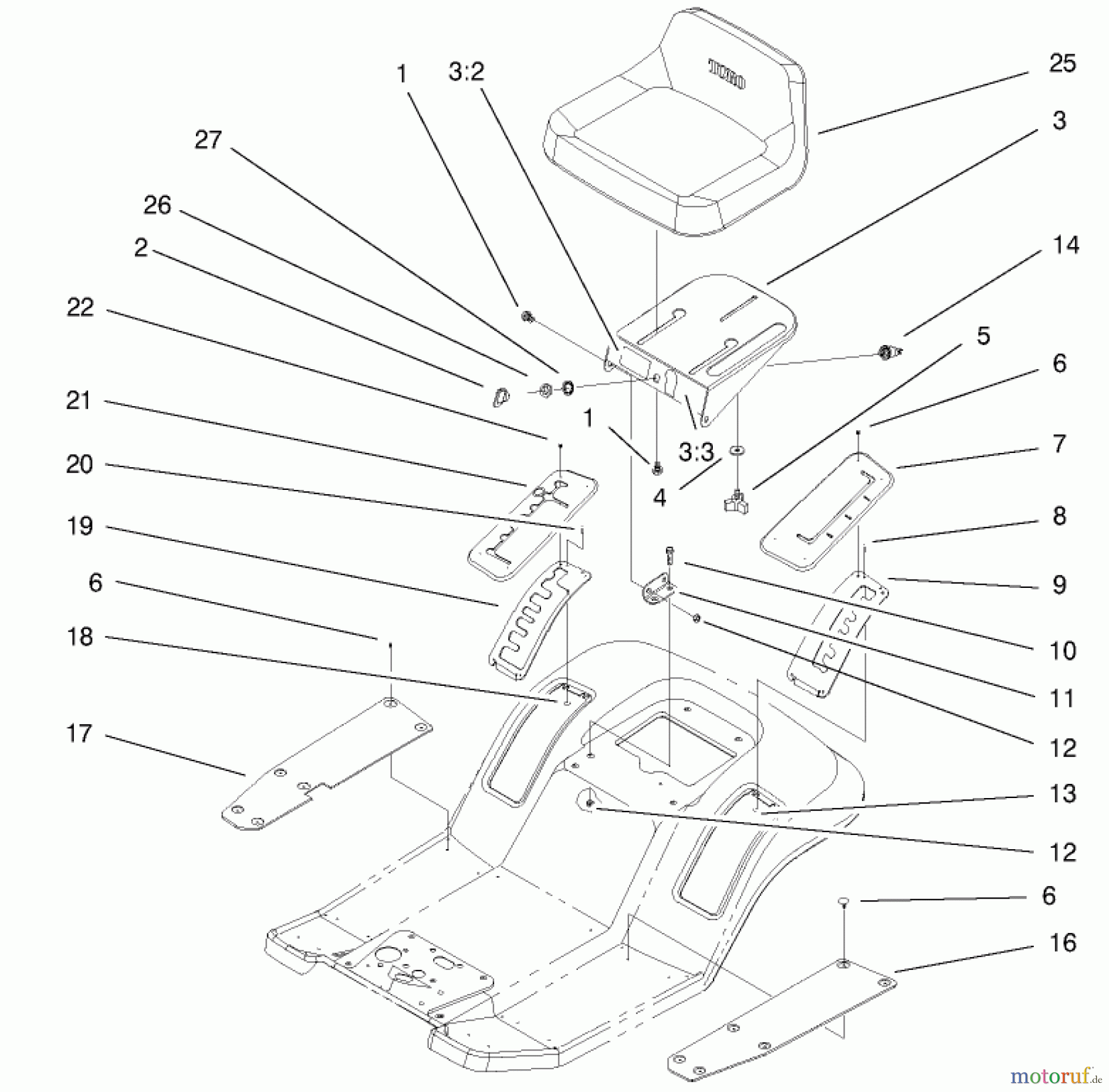  Toro Neu Mowers, Lawn & Garden Tractor Seite 1 71300 (12-32XL) - Toro 12-32XL Lawn Tractor, 2000 (200000001-200999999) REAR BODY & SEAT ASSEMBLY