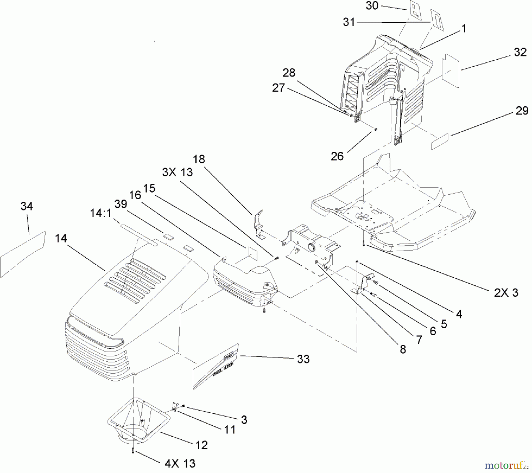  Toro Neu Mowers, Lawn & Garden Tractor Seite 1 71429 (XL 440H) - Toro XL 440H Lawn Tractor, 2005 (250000001-250999999) HOOD AND TOWER ASSEMBLY