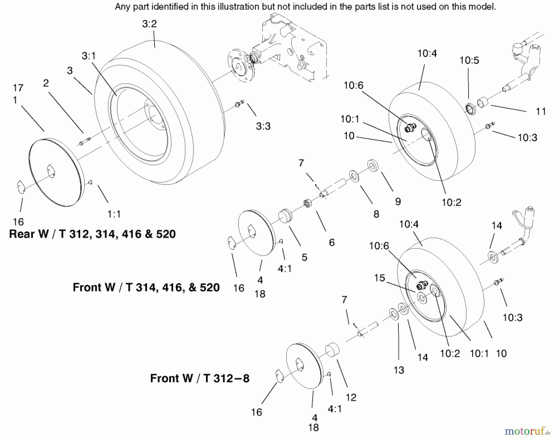  Toro Neu Mowers, Lawn & Garden Tractor Seite 1 73363 (312-8) - Toro 312-8 Garden Tractor, 1997 (7900001-7999999) WHEEL ASSEMBLIES