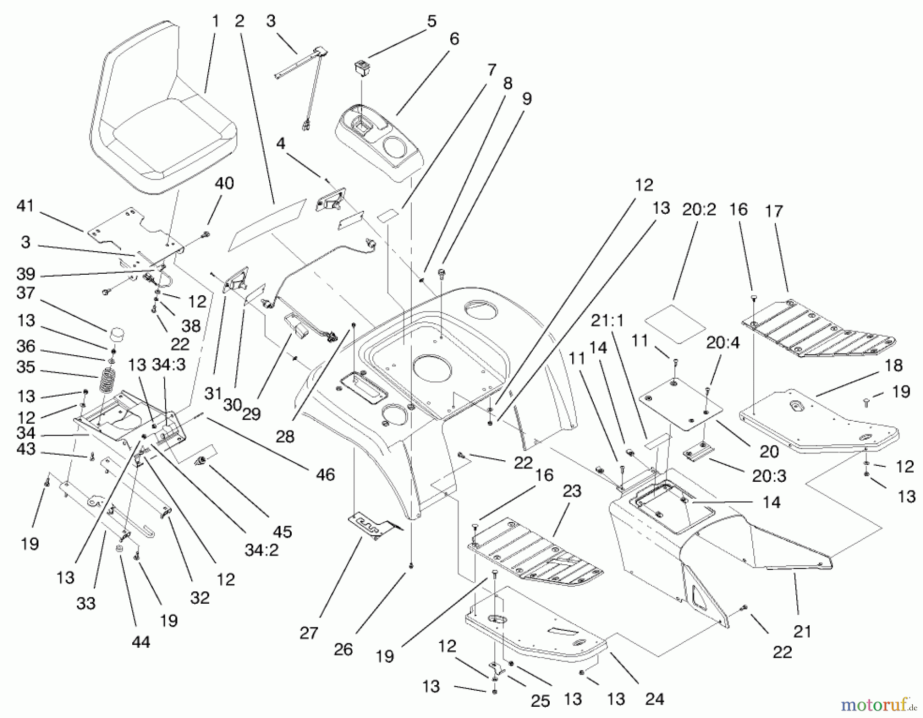  Toro Neu Mowers, Lawn & Garden Tractor Seite 1 73570 (520xi) - Toro 520xi Garden Tractor, 1999 (9900001-9999999) FENDER, FOOTREST, & SEAT ASSEMBLY