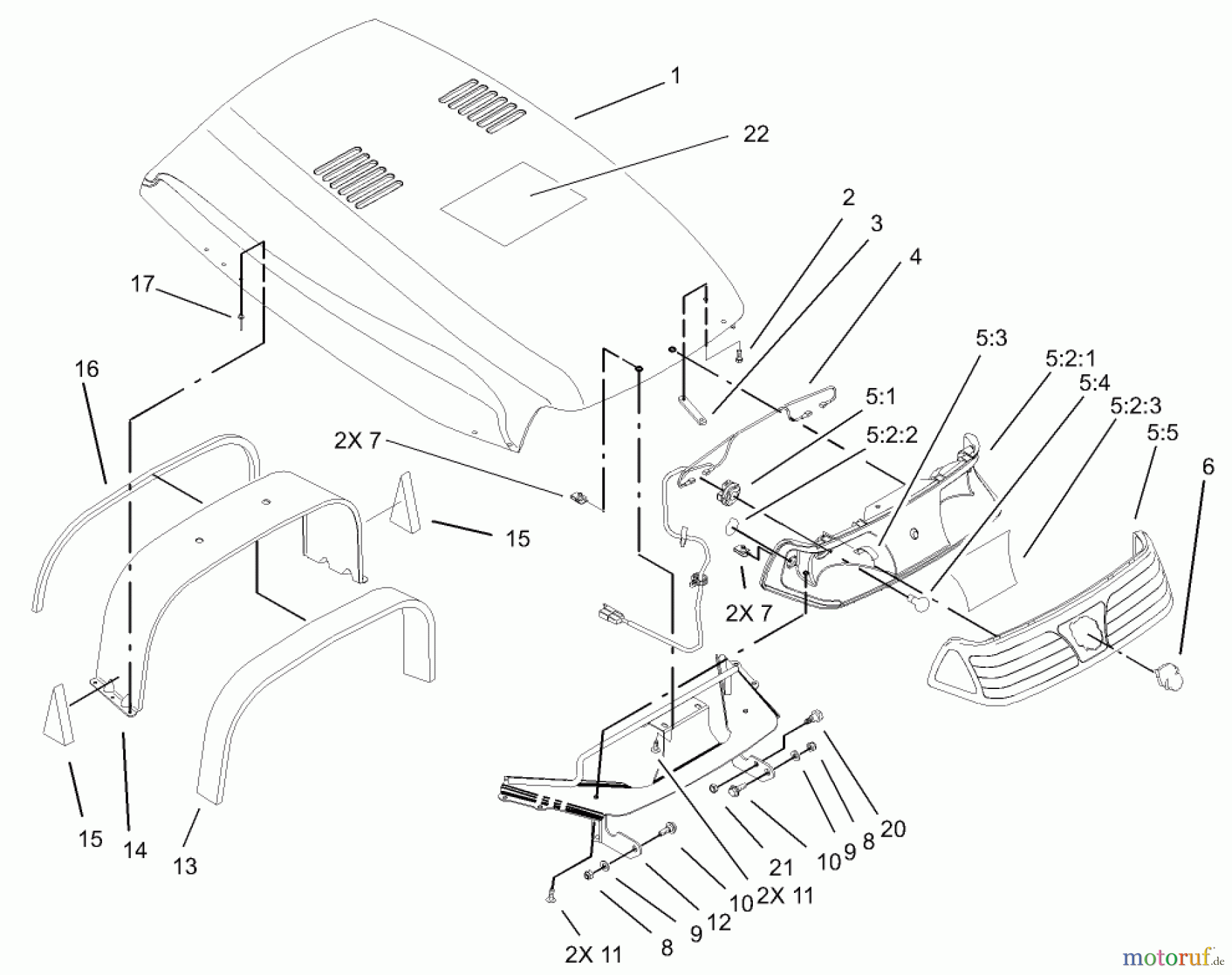  Toro Neu Mowers, Lawn & Garden Tractor Seite 1 73542 (520xi) - Toro 520xi Garden Tractor, 2003 (230000001-230999999) HOOD AND HEADLIGHT ASSEMBLY