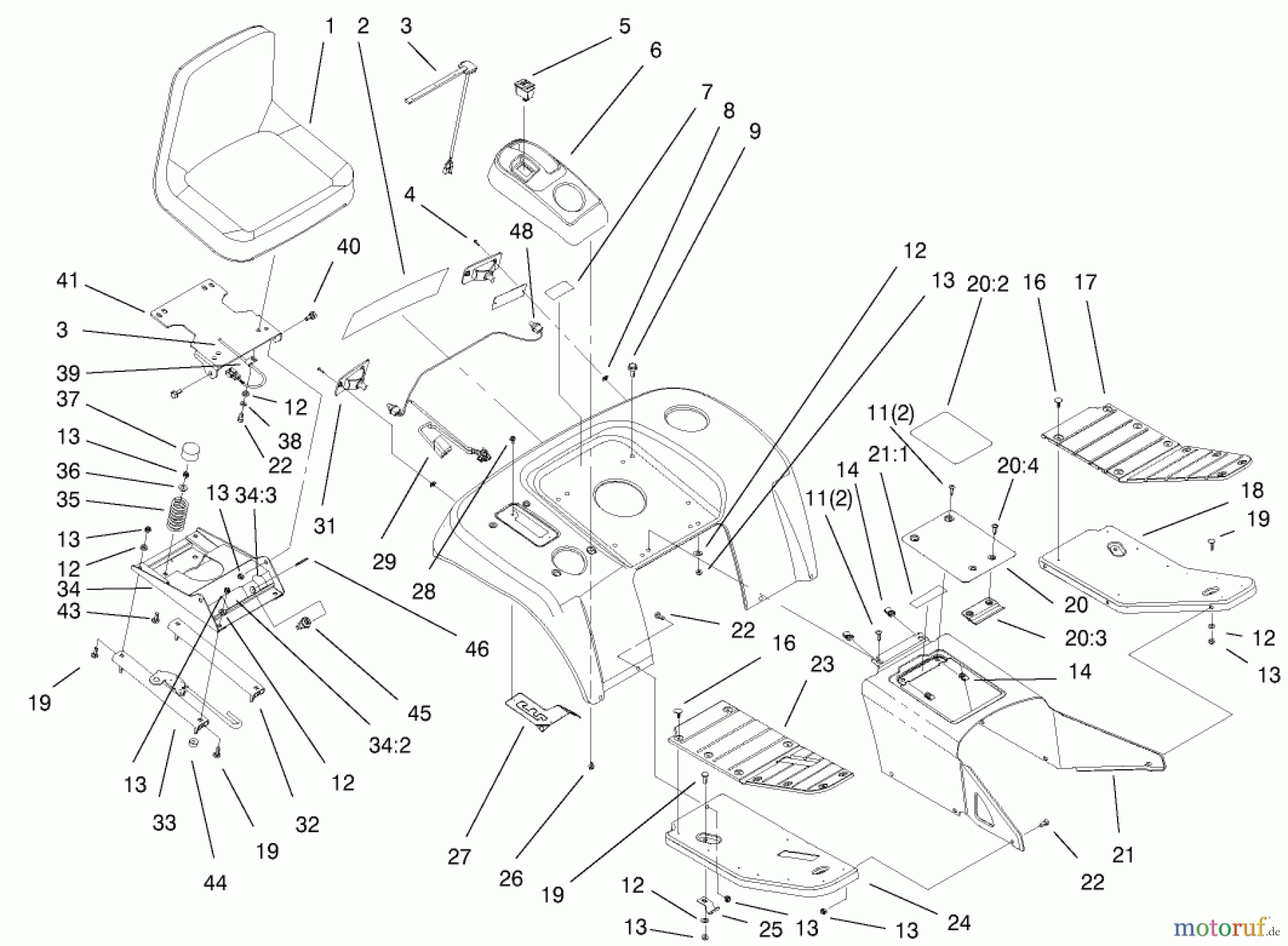  Toro Neu Mowers, Lawn & Garden Tractor Seite 1 73547 (520Lxi) - Toro 520Lxi Garden Tractor, 2000 (200000242-200999999) FENDER, FOOTREST, & SEAT ASSEMBLY