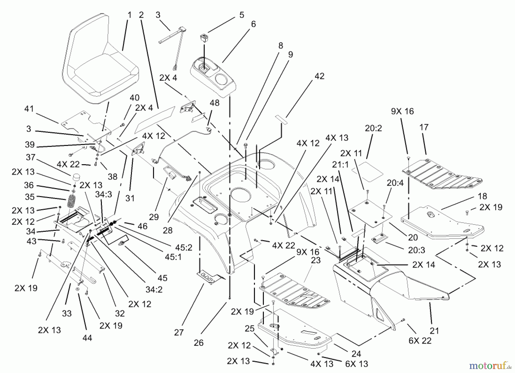  Toro Neu Mowers, Lawn & Garden Tractor Seite 1 73590 (523Dxi) - Toro 523Dxi Garden Tractor, 2003 (230000001-230999999) FENDER, FOOTREST, & SEAT ASSEMBLY