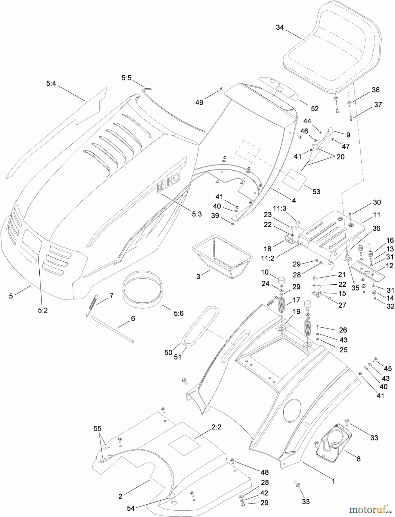  Toro Neu Mowers, Lawn & Garden Tractor Seite 1 74560 (DH 140) - Toro DH 140 Lawn Tractor, 2010 (310000001-310999999) HOOD, SEAT AND FENDER ASSEMBLY