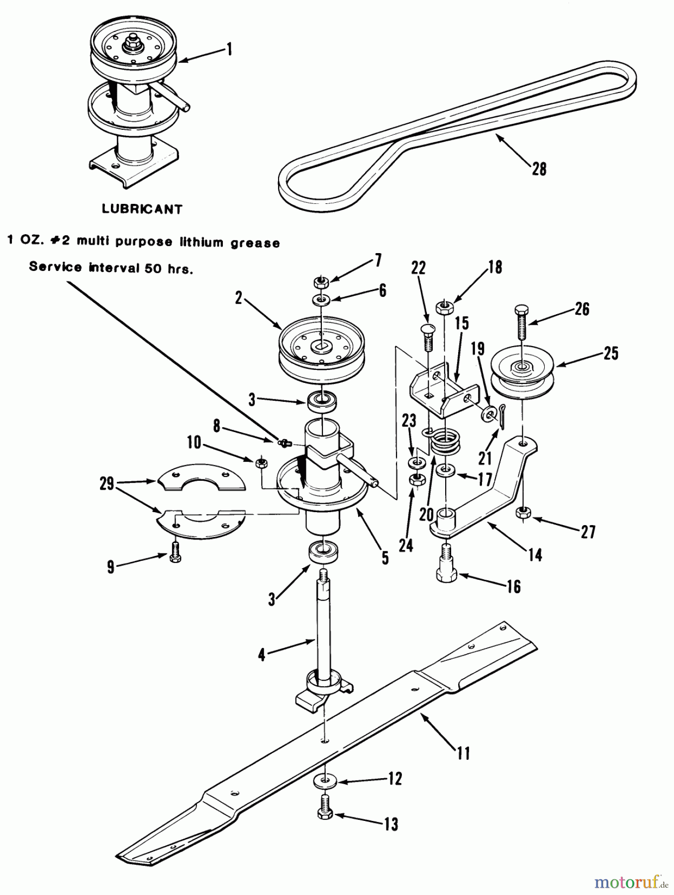  Toro Neu Mowers, Rear-Engine Rider 33-11BP01 (A-115) - Toro A-115 5-Speed Rear Engine Rider, 1985 SPINDLE, PULLEYS, AND DRIVE BELT