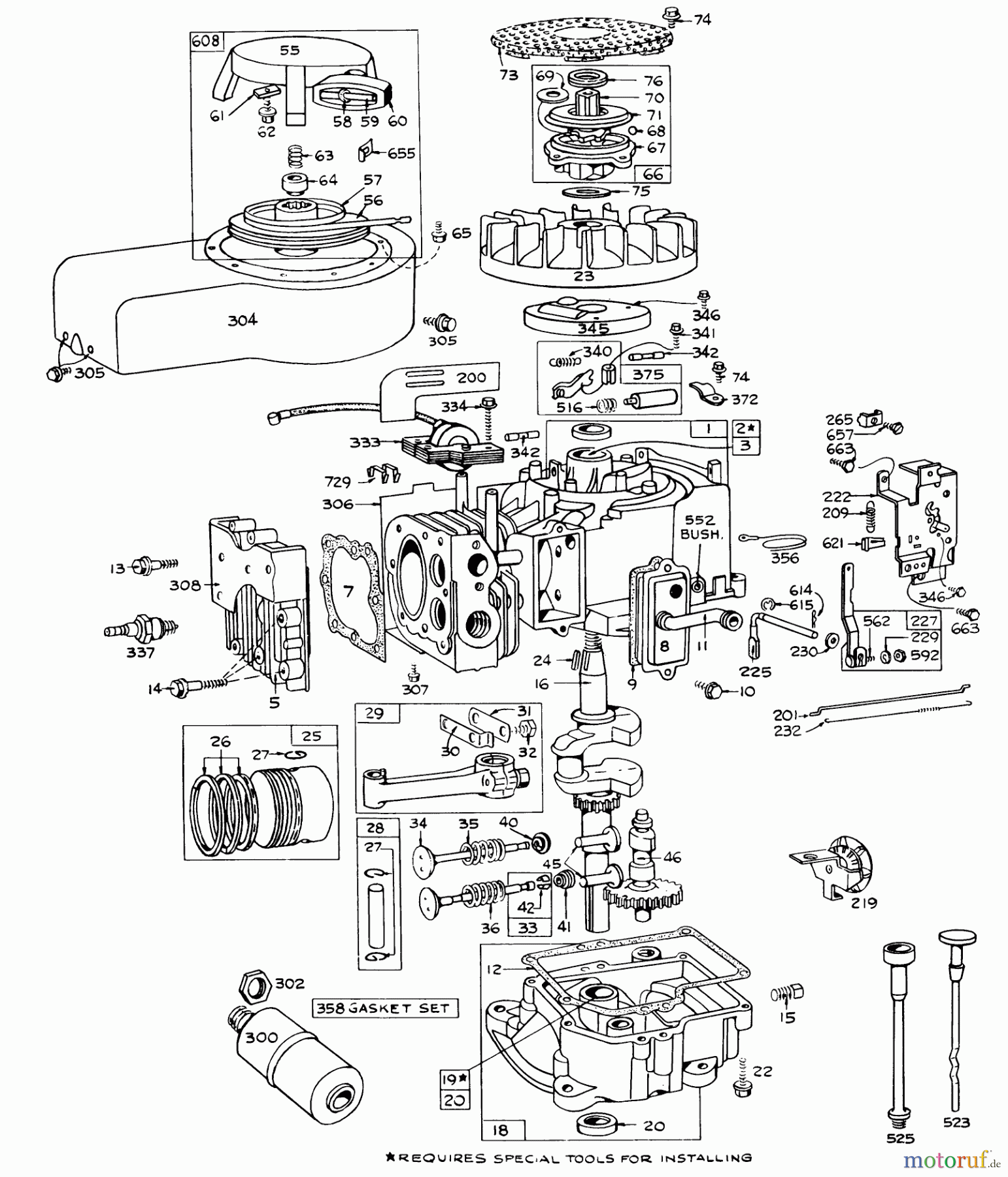  Toro Neu Mowers, Rear-Engine Rider 56150 (732) - Toro 732 Sportsman Rider, 1974 (4000001-4999999) ENGINE BRIGGS & STRATTON MODEL NO. 170702-1163 RECOIL START