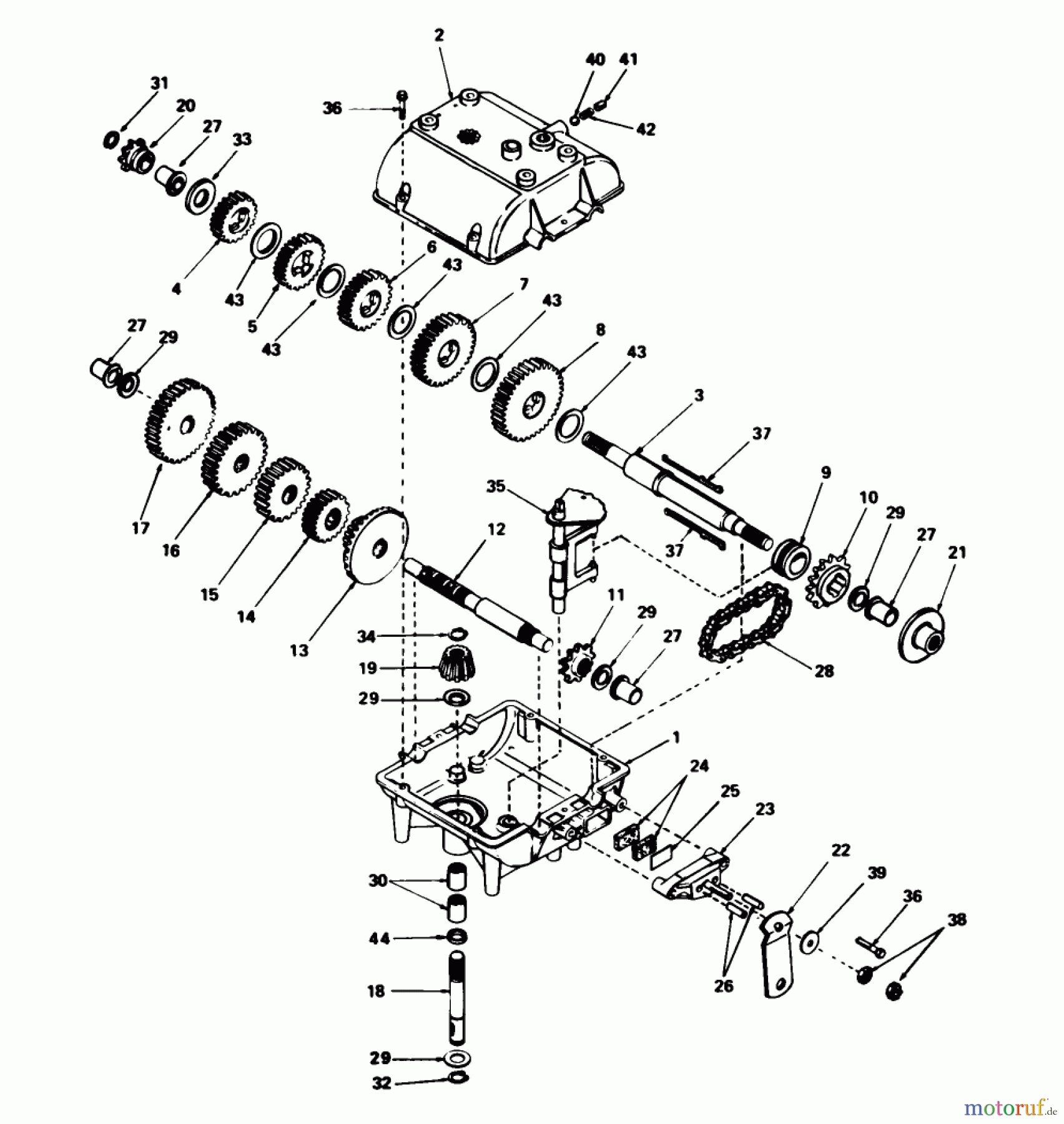  Toro Neu Mowers, Rear-Engine Rider 56125 (7-25) - Toro 7-25 Rear Engine Rider, 1985 (5000001-5999999) TRANSMISSION ASSEMBLY NO. 44-7200