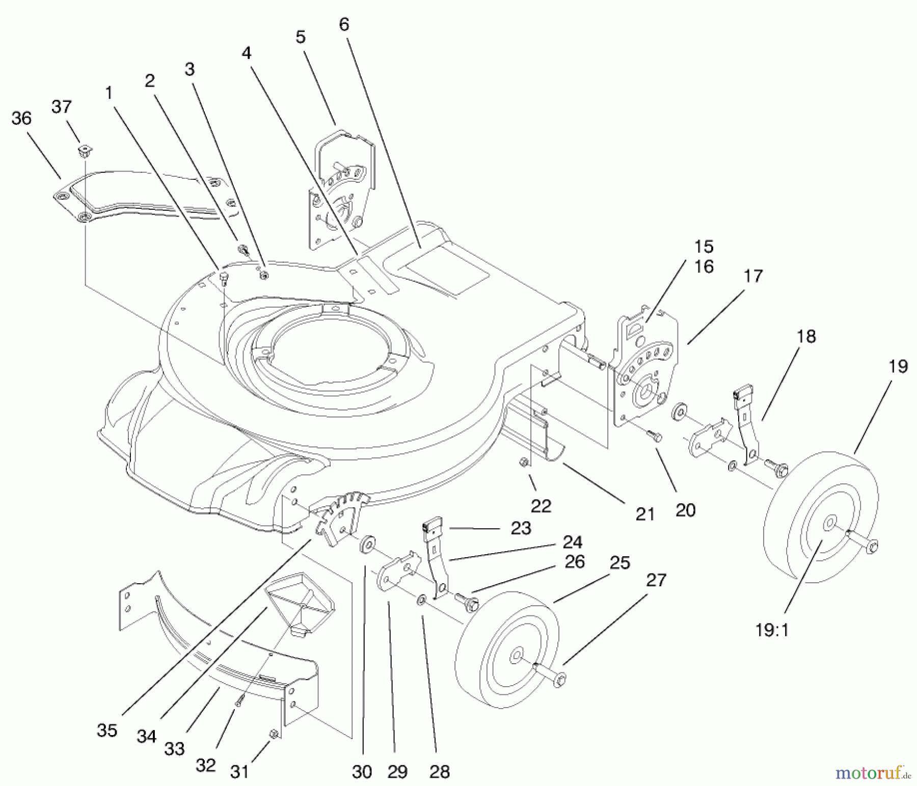  Toro Neu Mowers, Walk-Behind Seite 1 20010 (R-21P) - Toro Recycler Mower, R-21P, 1999 (9900001-9999999) HOUSING, HANDLE BRACKETS, & WHEEL ASSEMBLY