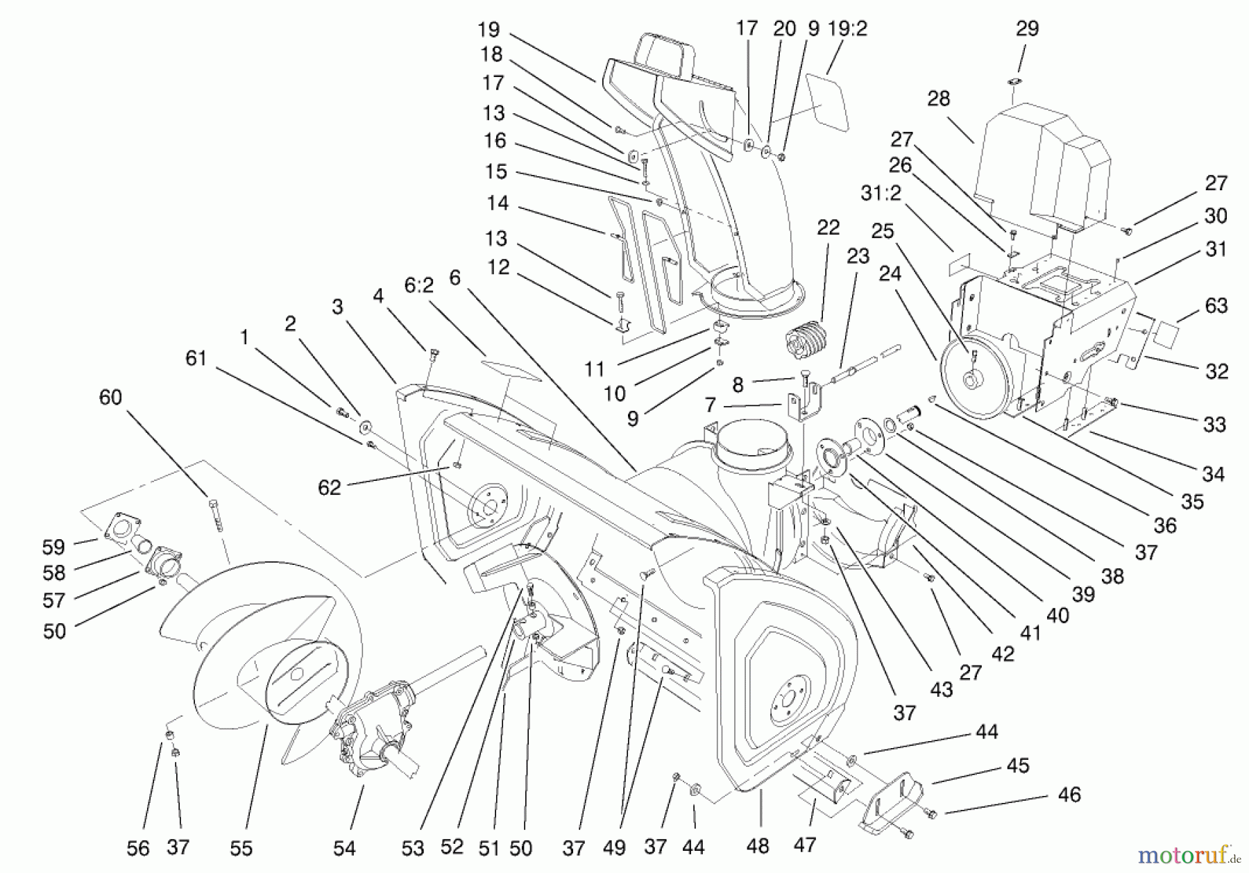  Toro Neu Snow Blowers/Snow Throwers Seite 1 38547 (924) - Toro 924 Power Shift Snowthrower, 2003 (230000001-230999999) HOUSING AND ENGINE FRAME ASSEMBLY