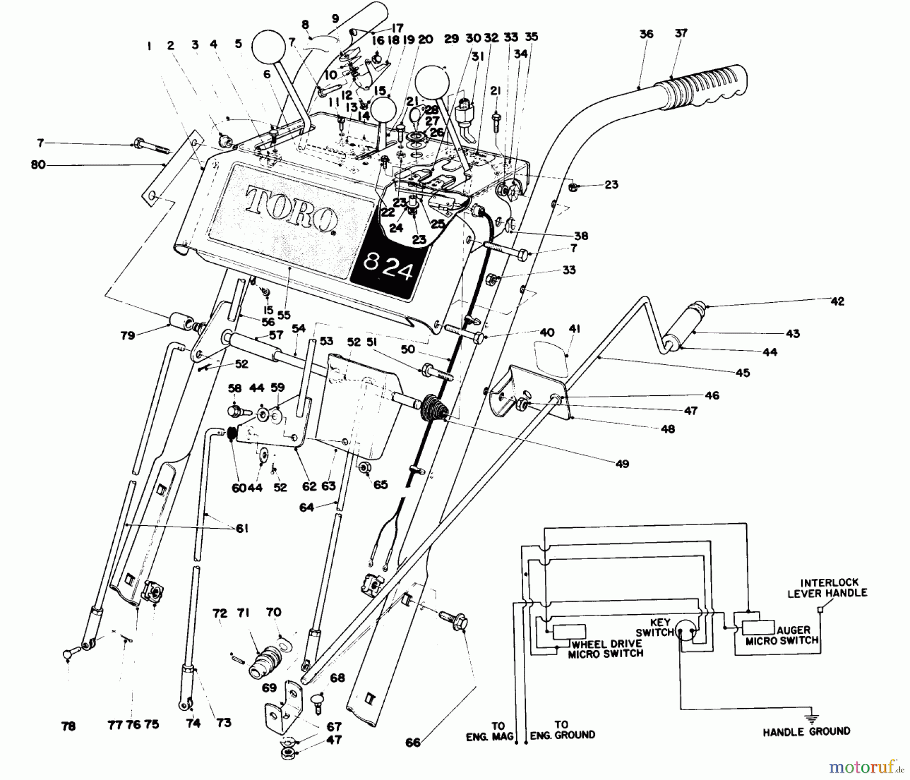  Toro Neu Snow Blowers/Snow Throwers Seite 1 38080 (824) - Toro 824 Snowthrower, 1980 (0000001-0999999) HANDLE ASSEMBLY