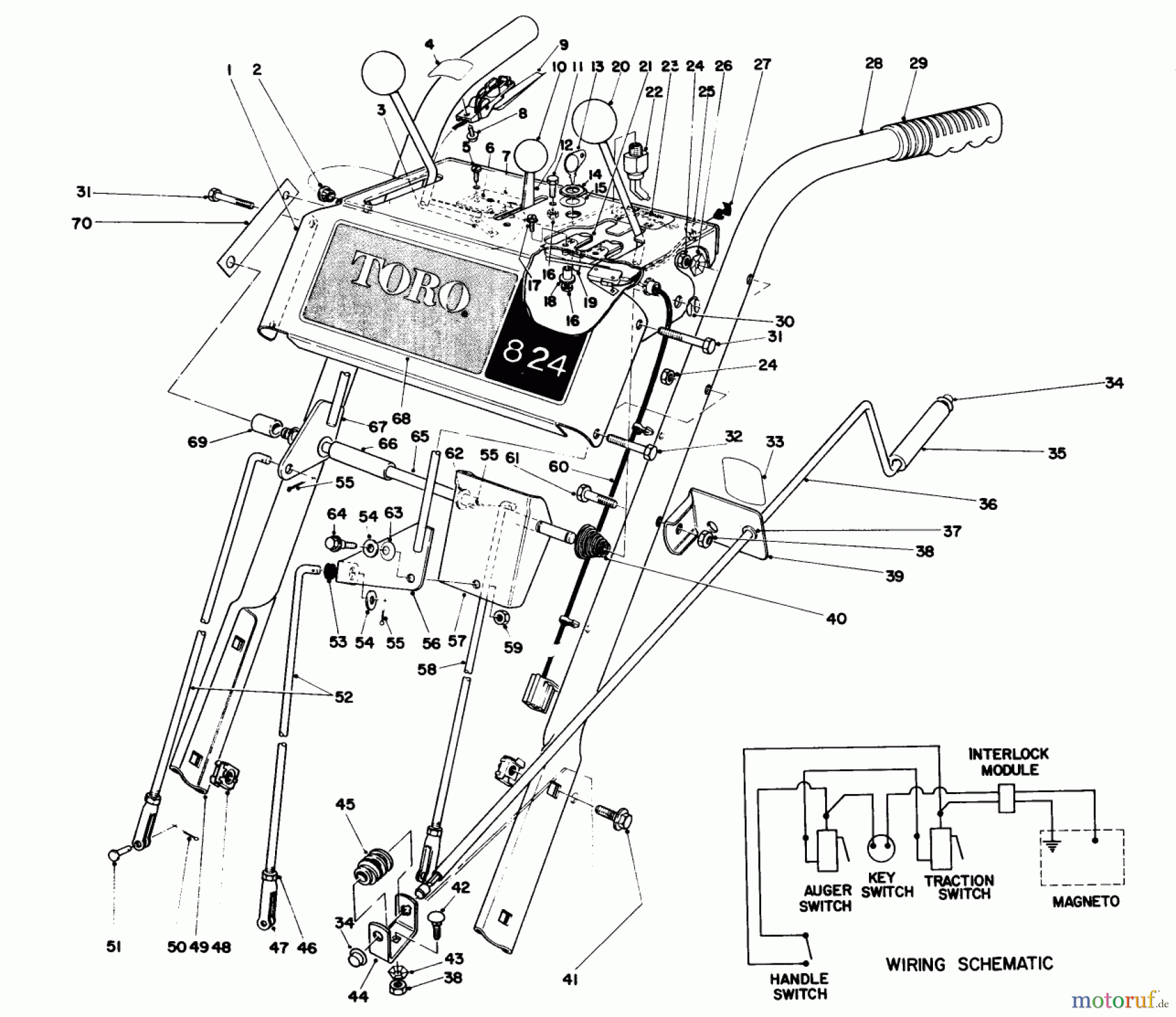  Toro Neu Snow Blowers/Snow Throwers Seite 1 38085 (824) - Toro 824 Snowthrower, 1986 (6000001-6999999) HANDLE ASSEMBLY