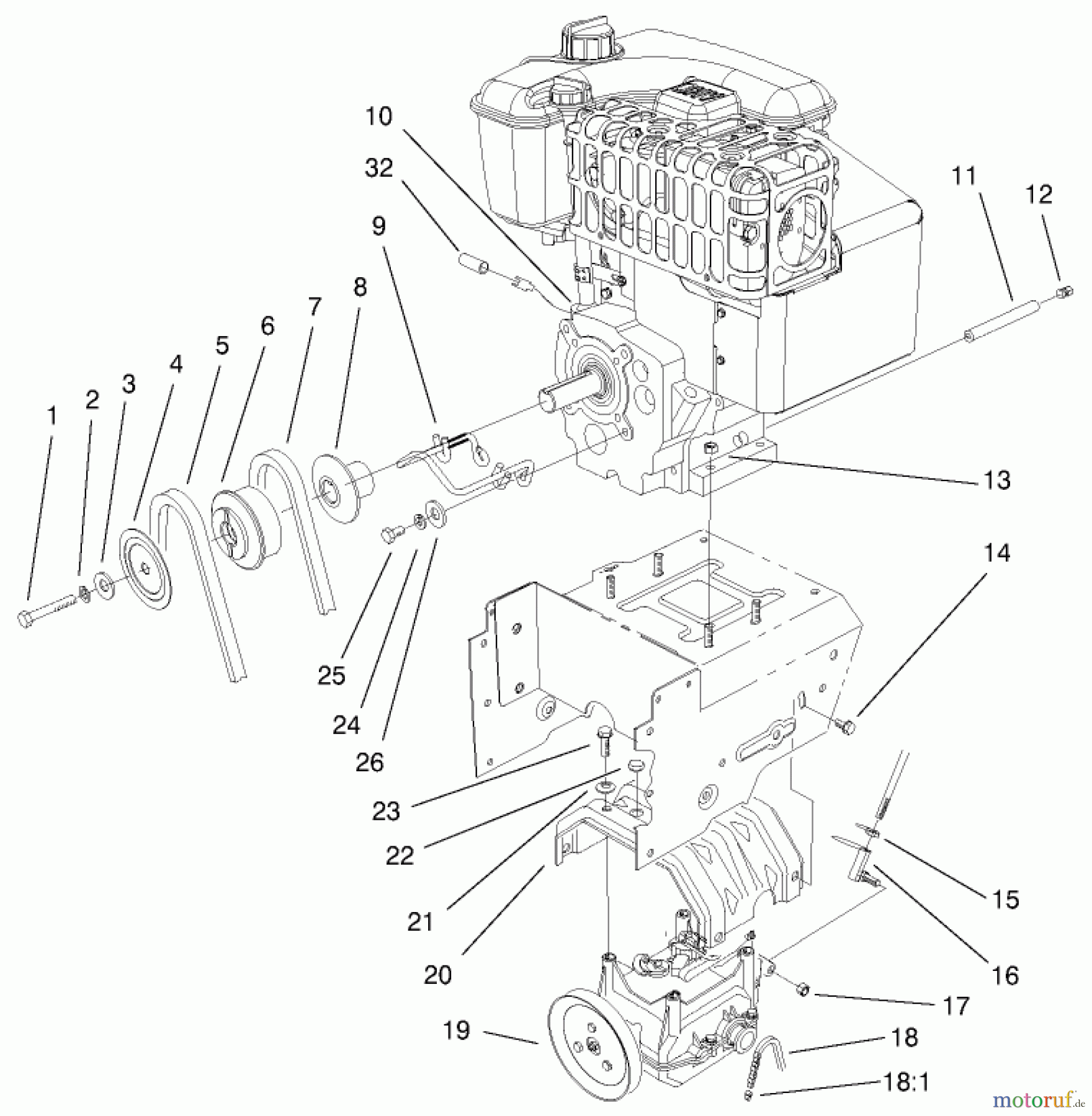  Toro Neu Snow Blowers/Snow Throwers Seite 1 38592 (1332) - Toro 1332 Power Shift Snowthrower, 2002 (220000001-220999999) ENGINE AND TRANSMISSION ASSEMBLY