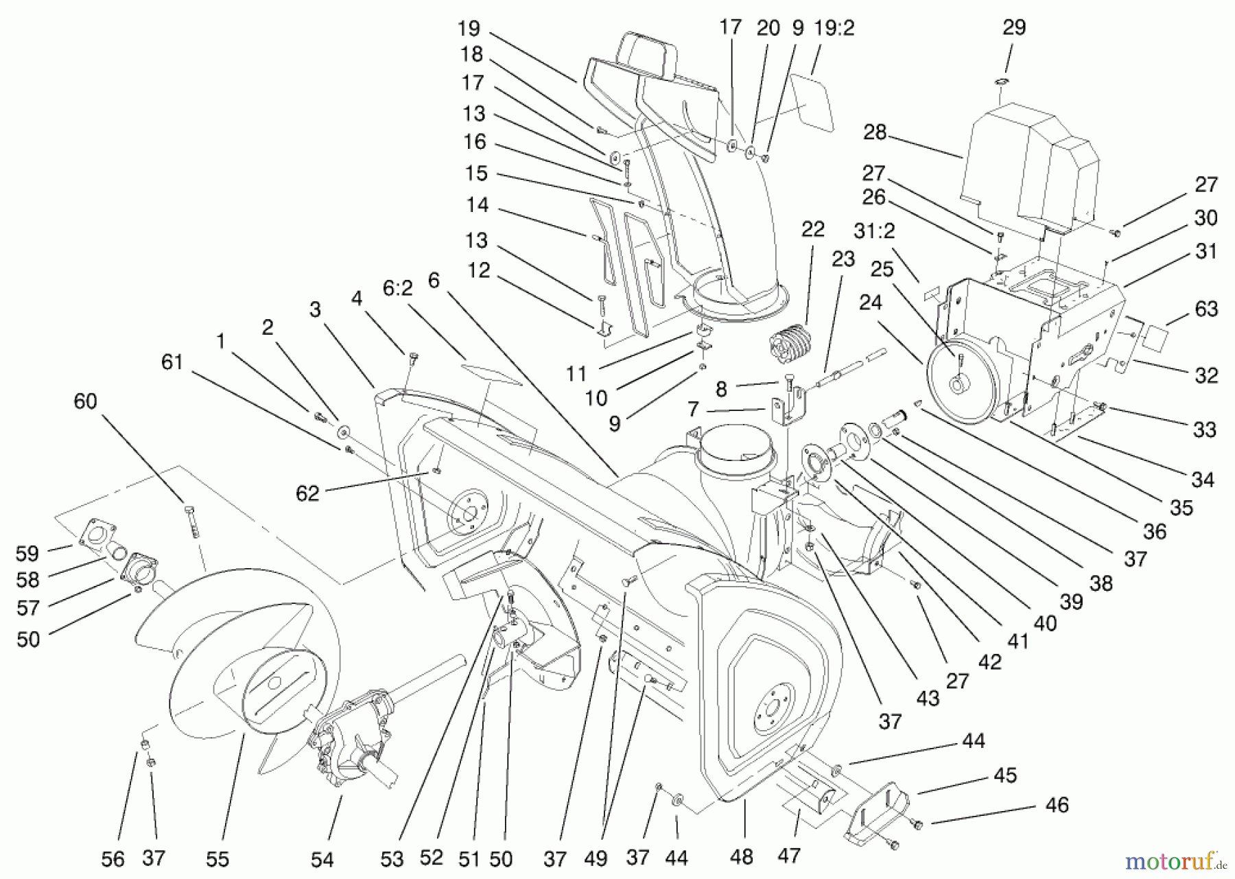  Toro Neu Snow Blowers/Snow Throwers Seite 1 38592 (1332) - Toro 1332 Power Shift Snowthrower, 2003 (230000001-230999999) HOUSING AND ENGINE FRAME ASSEMBLY