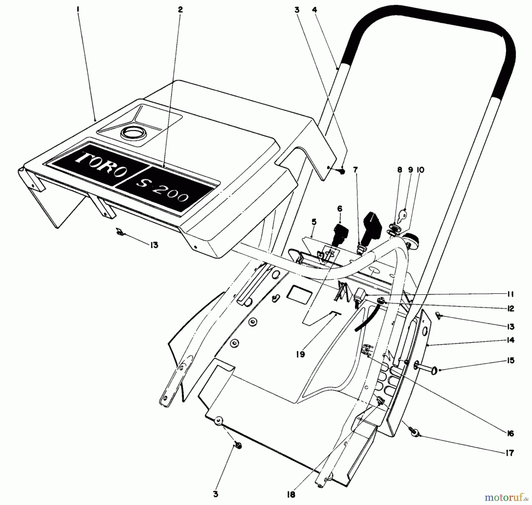  Toro Neu Snow Blowers/Snow Throwers Seite 1 38130 (S-200) - Toro S-200 Snowthrower, 1980 (0015001-0499999) SHROUD & HANDLE ASSEMBLY (MODEL 38120)