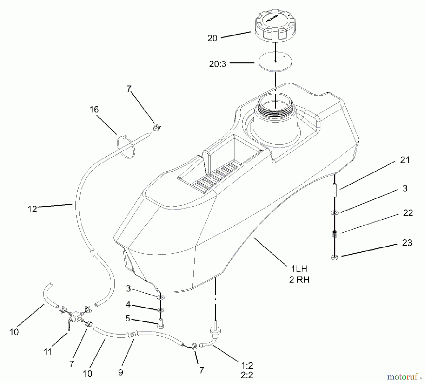  Zerto-Turn Mäher 74176TE (Z147) - Toro Z Master Mower, 112cm SFS Side Discharge Deck (SN: 230007001 - 230999999) (2003) FUEL SYSTEM ASSEMBLY